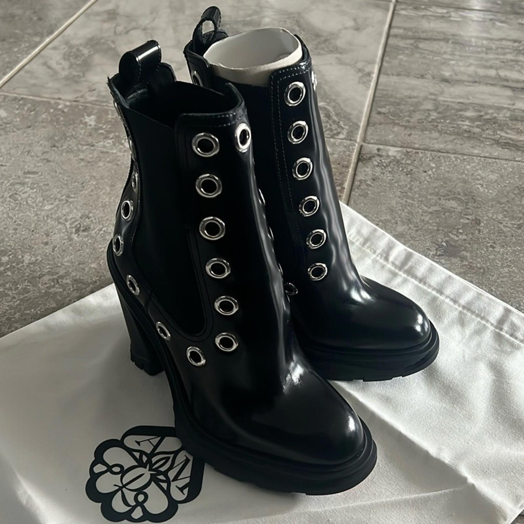 Alexander McQueen Tread Grommet Embellished Black Boots, Size 39.5, Retail $1290