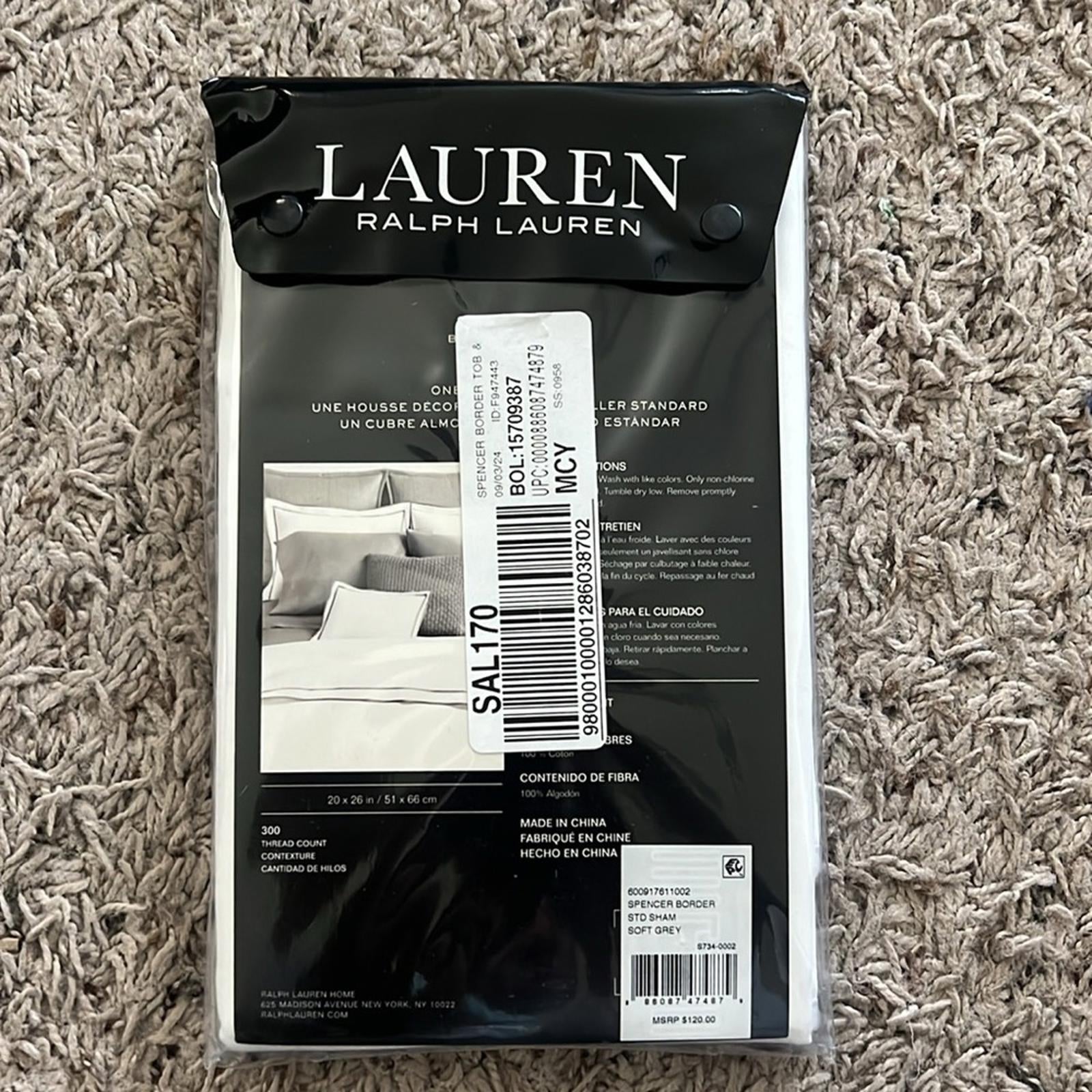 Lauren Ralph Lauren Spencer Sateen Border Sham in White/Sift Grey, Standard NWT