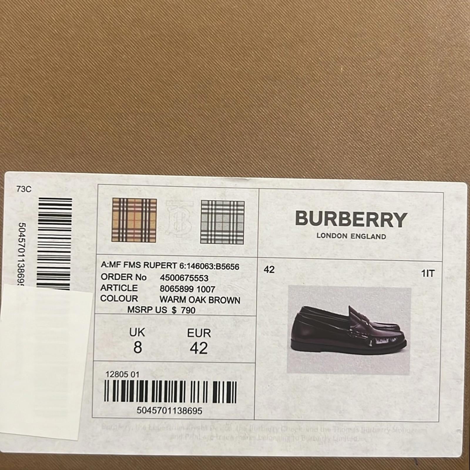 Burberry Brown Coin Loafers in Warm Oak Brown, Size EU42 UK8 US9 New w/Dust Bag