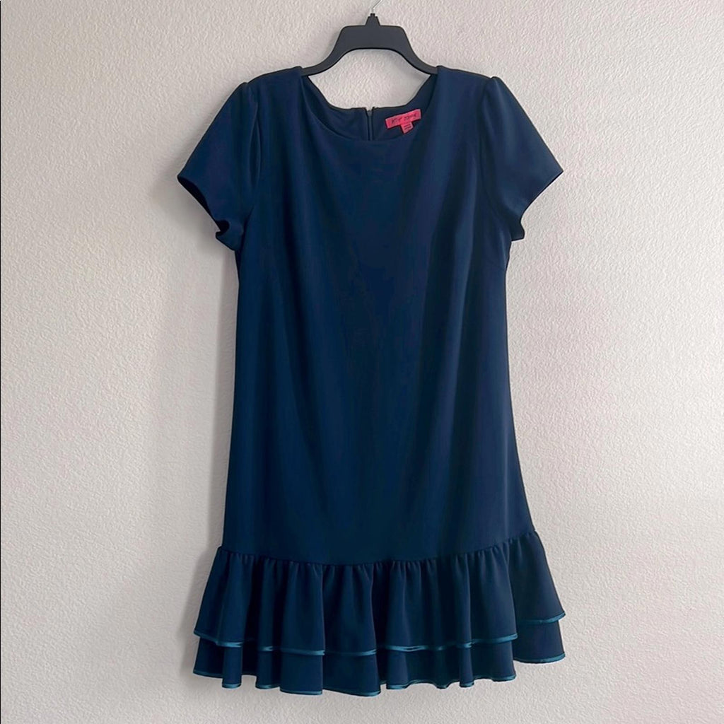 Betsy Johnson Tiered Double Ruffle Hem Dress in Navy Blue, EXCELLENT, Size 14