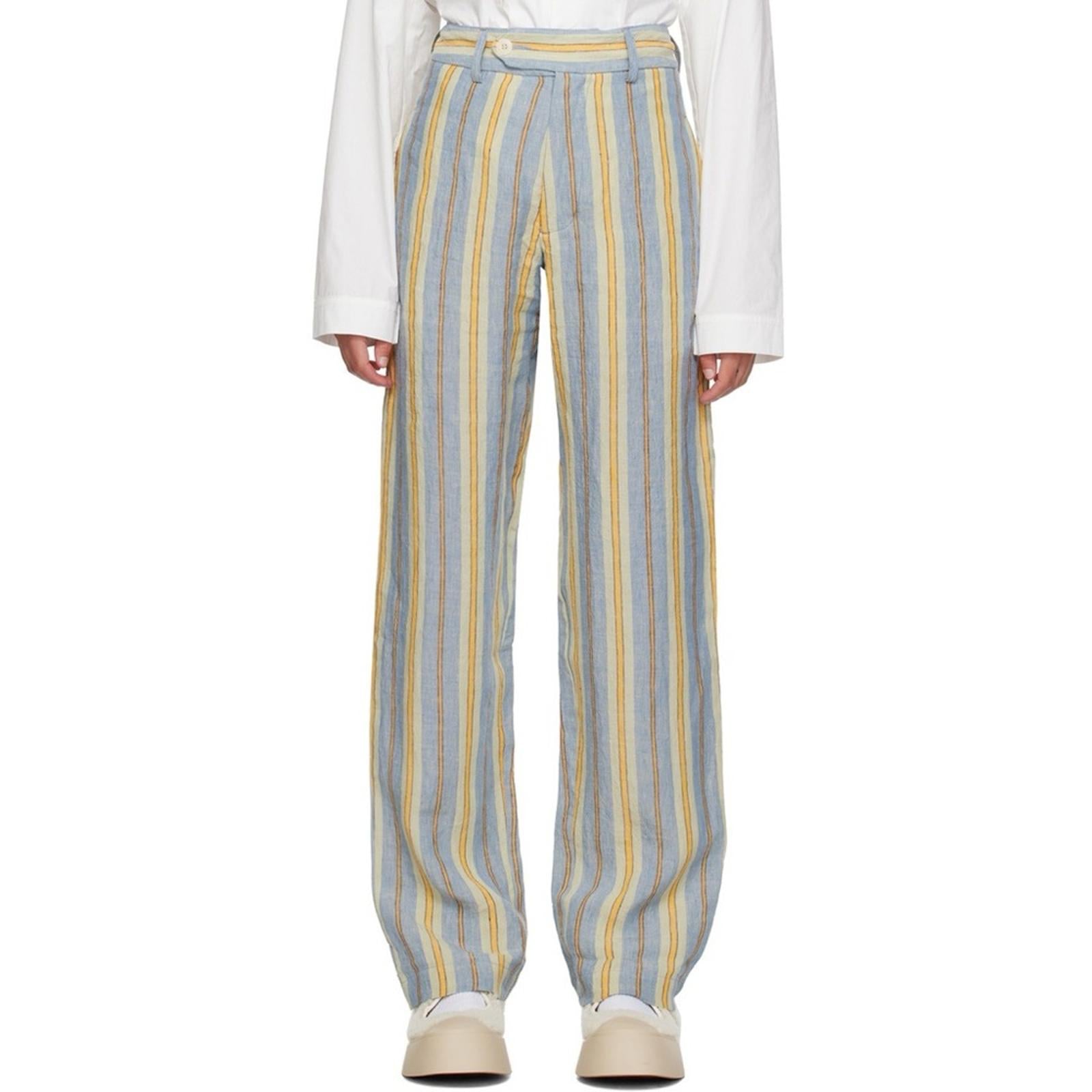 Nicholas Daley Linen Striped Trousers in Blue/Mustard, Size 34 NEW w/Tag $650