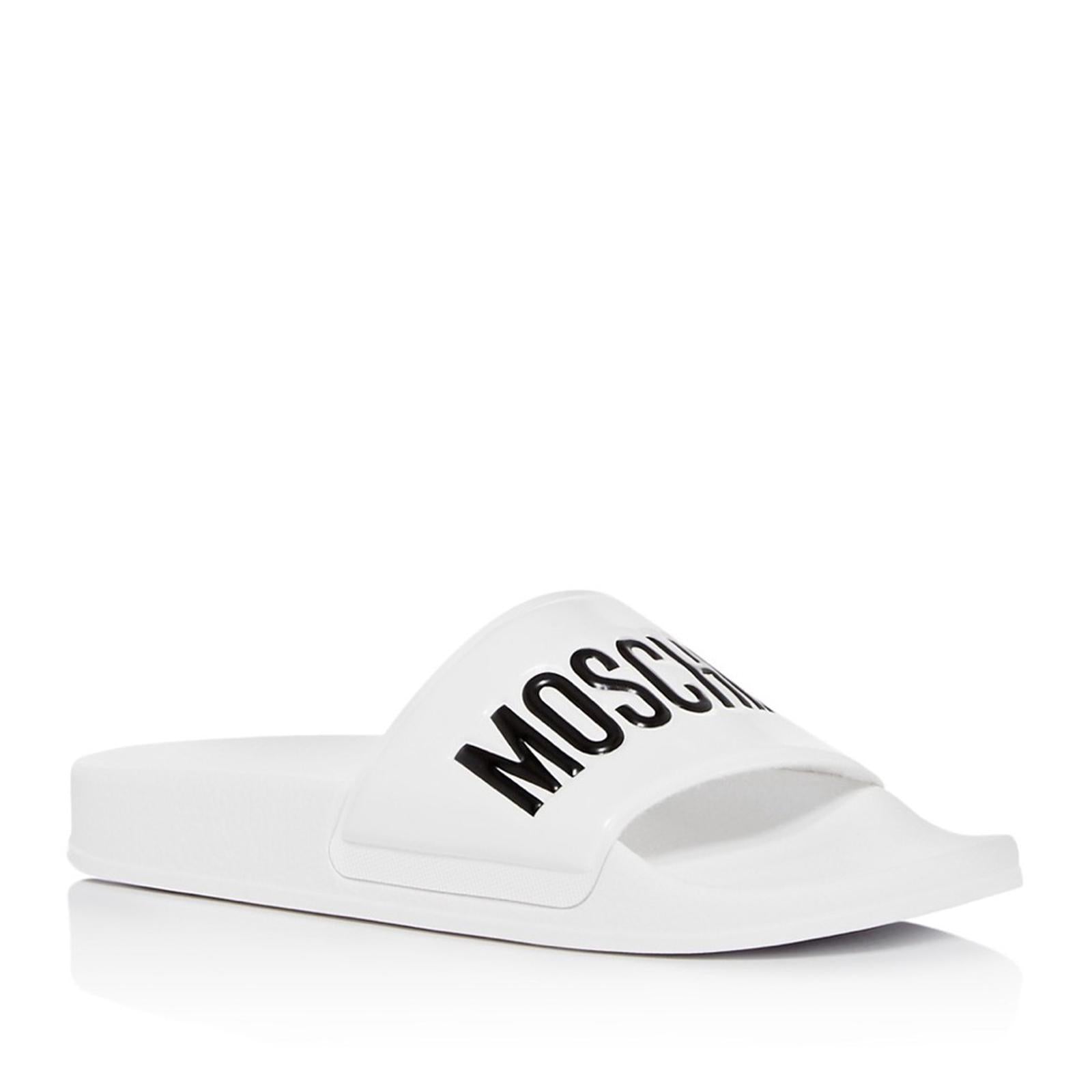 MOSCHINO Logo Slide Sandals in White, Size 38 New in Box