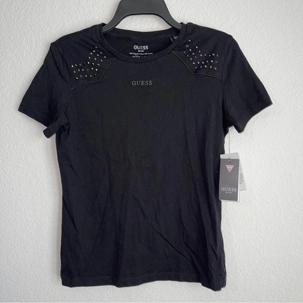 Guess Eco Katarina Embellished Crewneck Tee in Jet Black, New w/Tag $79
