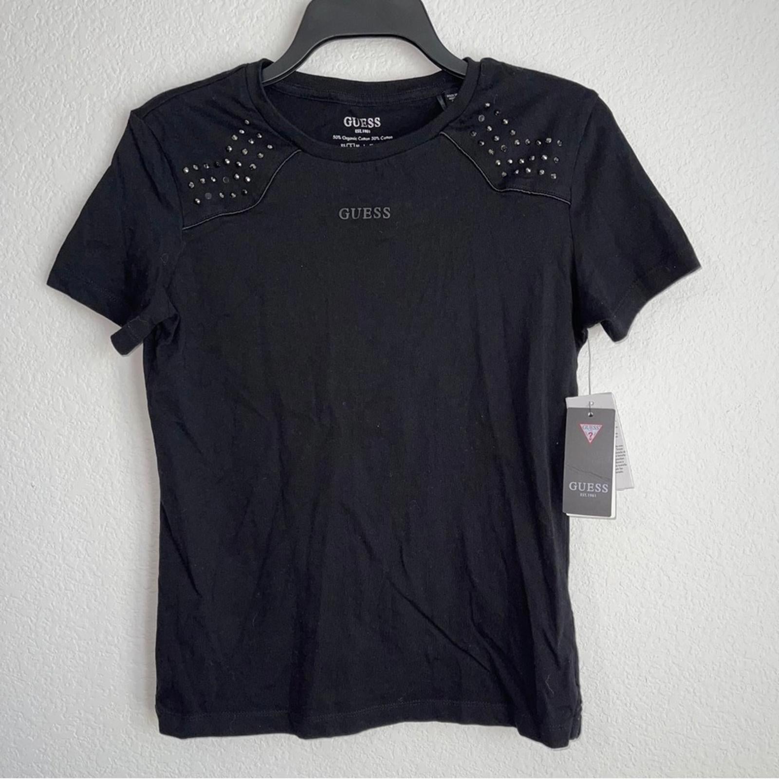 Guess Eco Katarina Embellished Crewneck Tee in Jet Black, New w/Tag $79