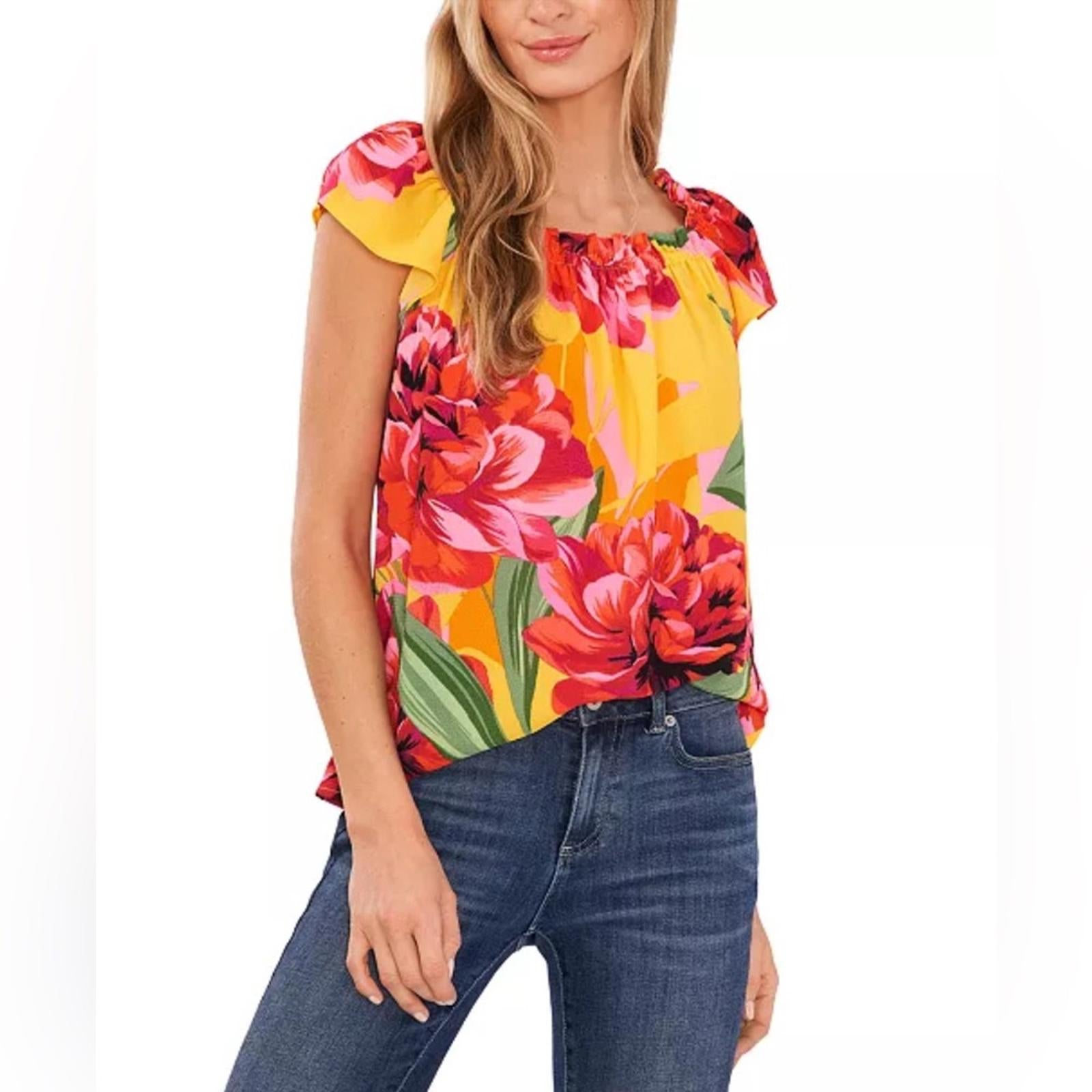 CeCe Ruffled-Neckline Floral Print Short Sleeve Blouse, NWT, Size L