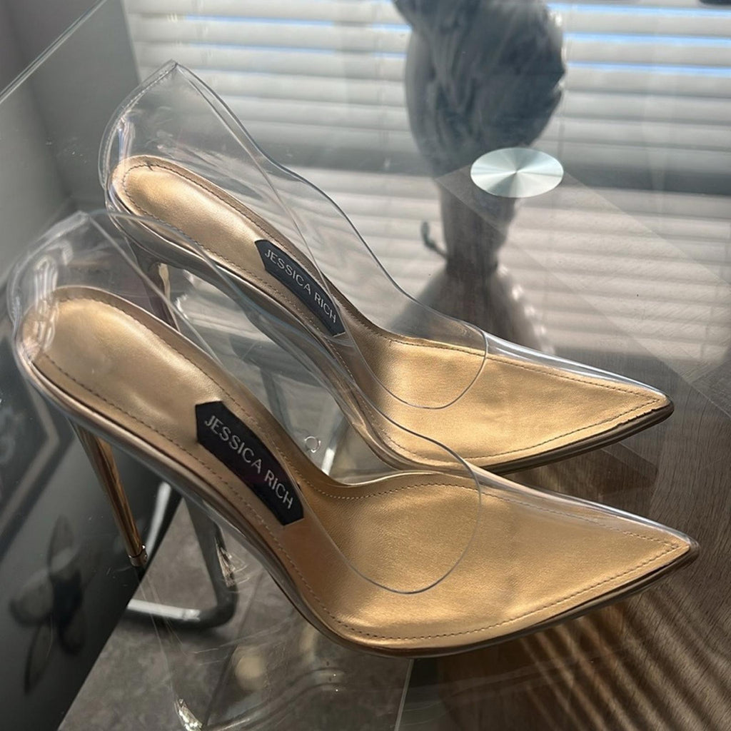 Jessica Rich Fancy Stiletto Clear Vinyl Pumps, Gold Size 37 NEW in Box