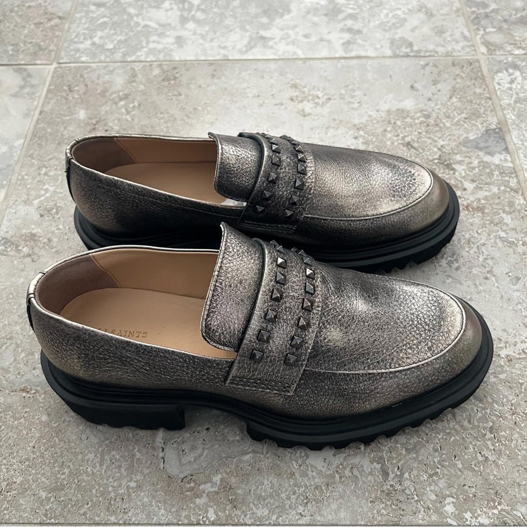 AllSaints Lola Studded Apron Toe Loafers, Pewter Size EU41 (Sold Out) New in Box