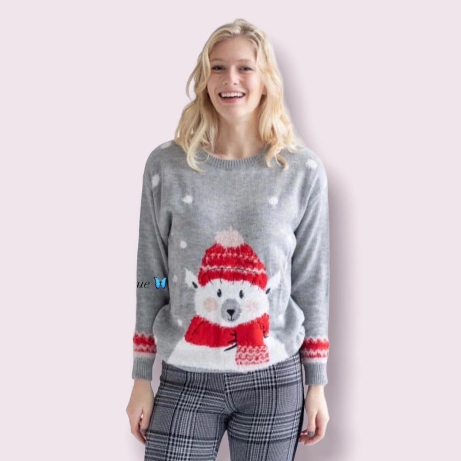 POOF New York Holiday Polar Bear Crewneck Sweater in Grey, NWT, Size M