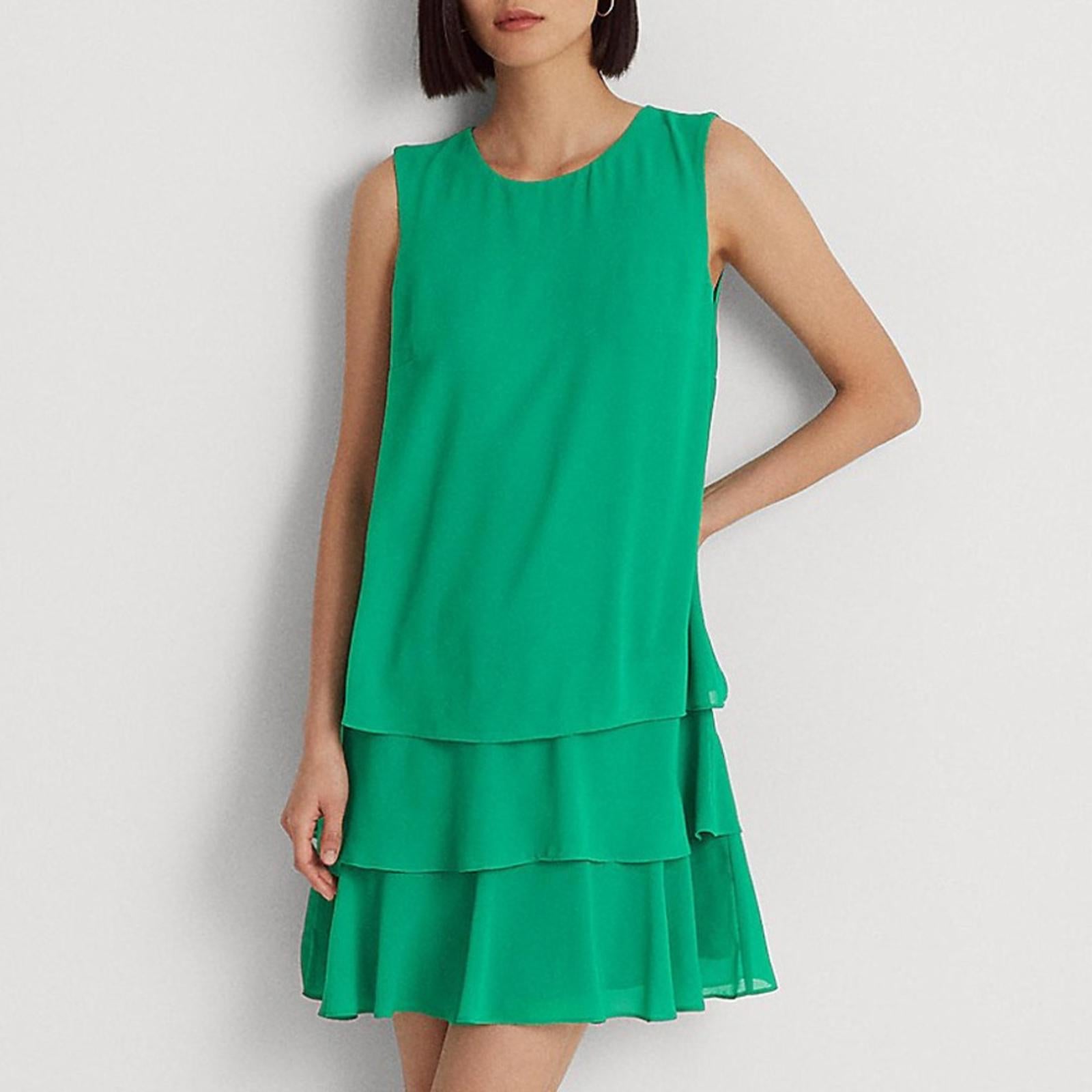 Lauren Ralph Lauren Round Neck Georgette Ruffled Shift Dress, Green Size 8 NWT