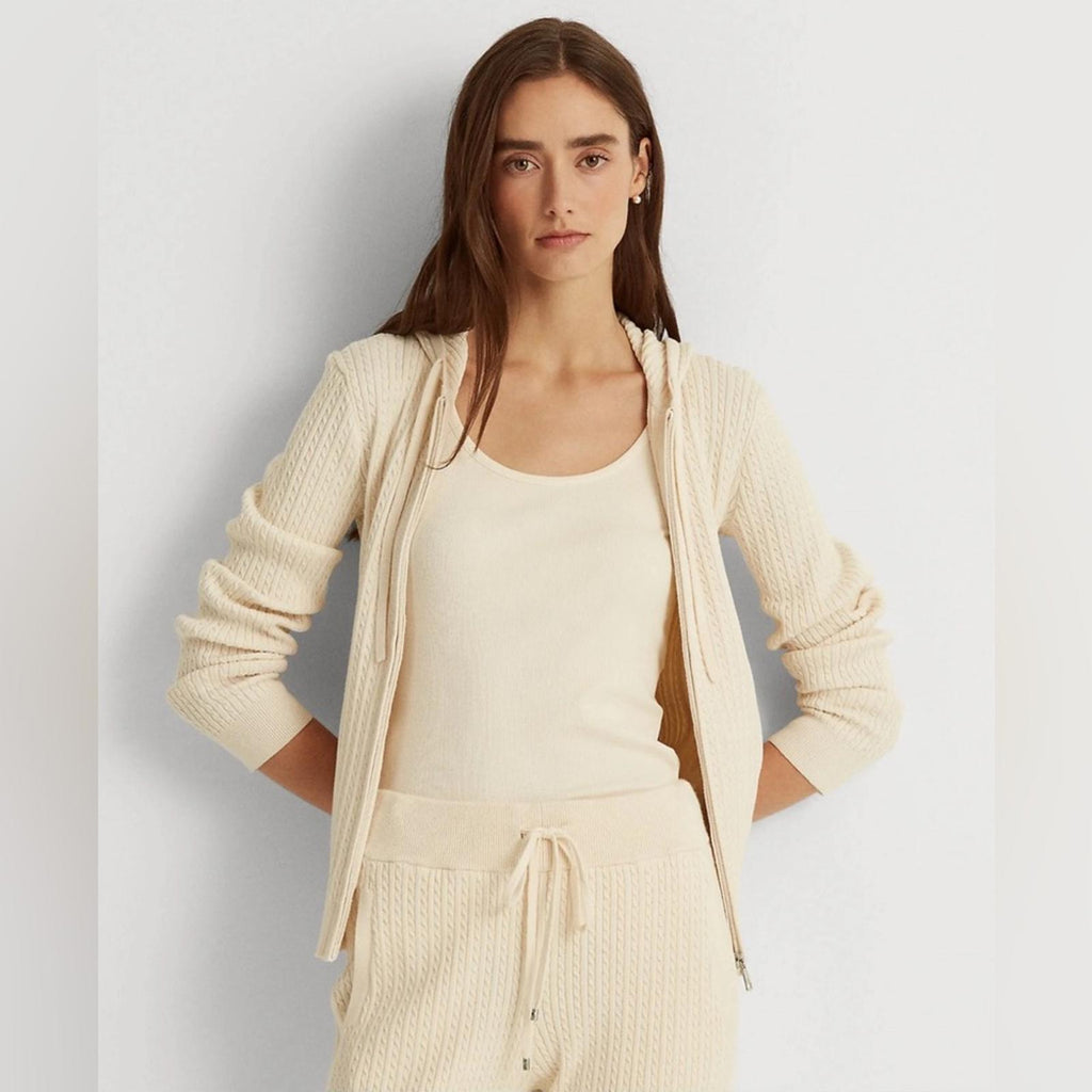 Lauren Ralph Lauren Cable Knit Full Zip Hoodie, Winter Cream Size XL New w/Tag