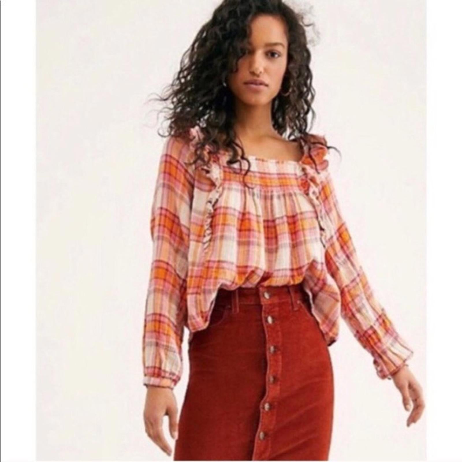 Free People Plaid Ruffle Top Long Sleeve Size L NWT $118.00