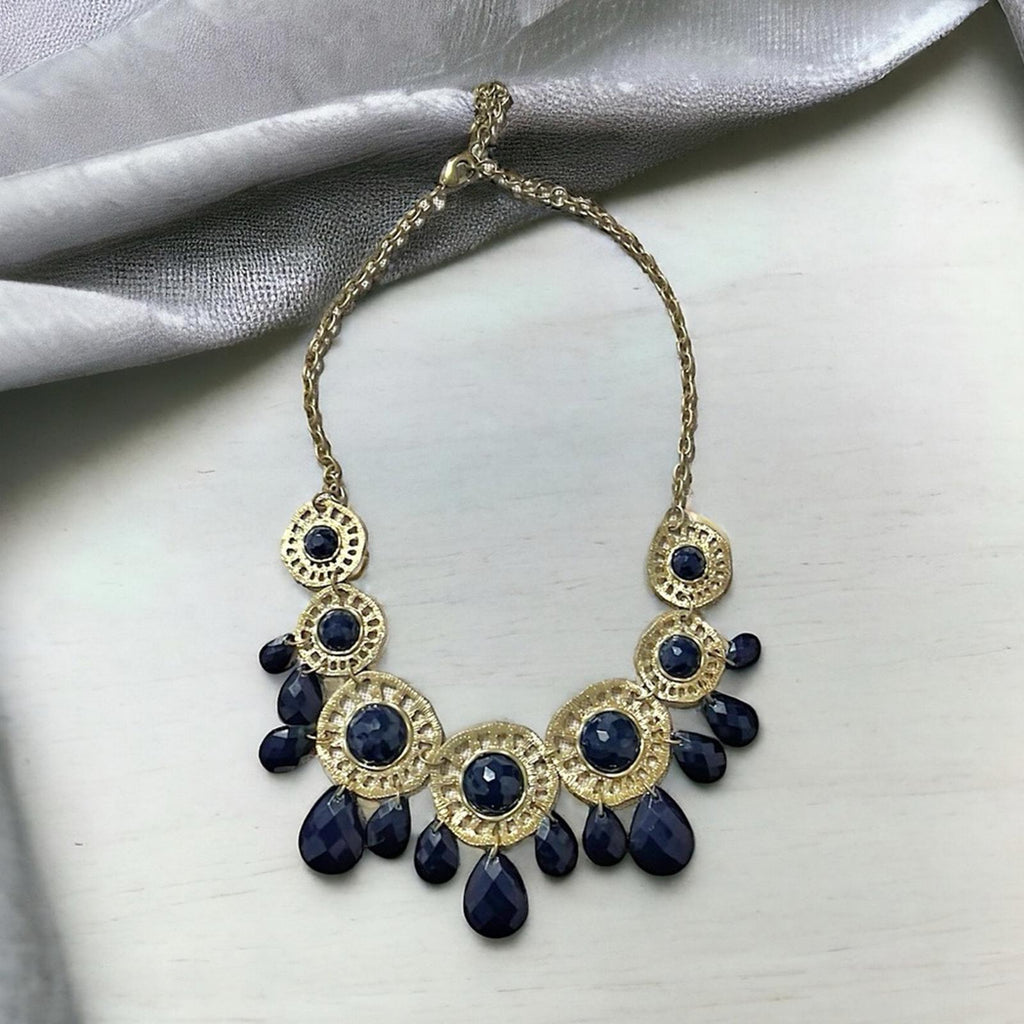 Gold-Tone Chain with Blue Rhinestones Necklace, Pristine Condition
