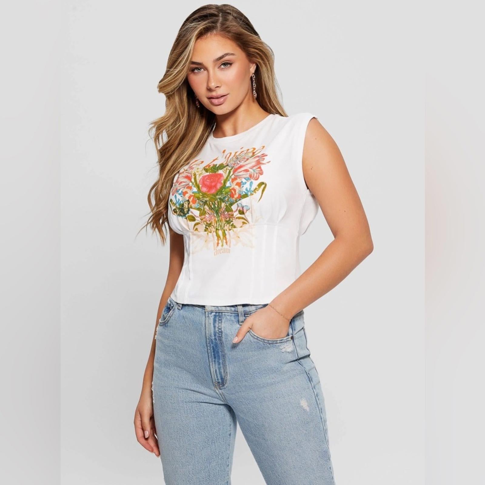 NEW Guess Eco JE T'aime Corset Tee, Pure White, Short Cap Sleeves Size XL, NWT