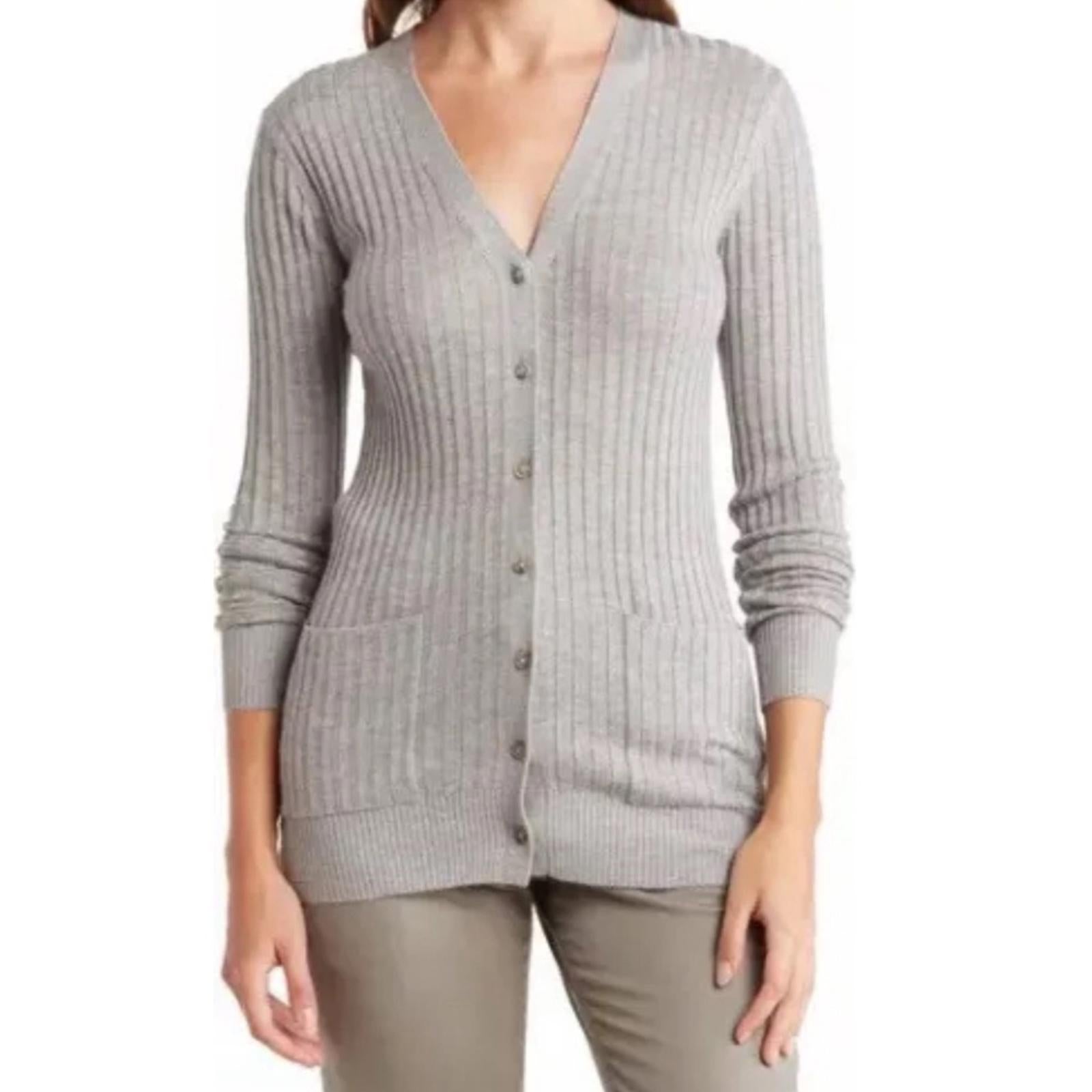 Vince Skinny Ribbed Cardigan in Steel, Size XS New w/Tag Retail $345