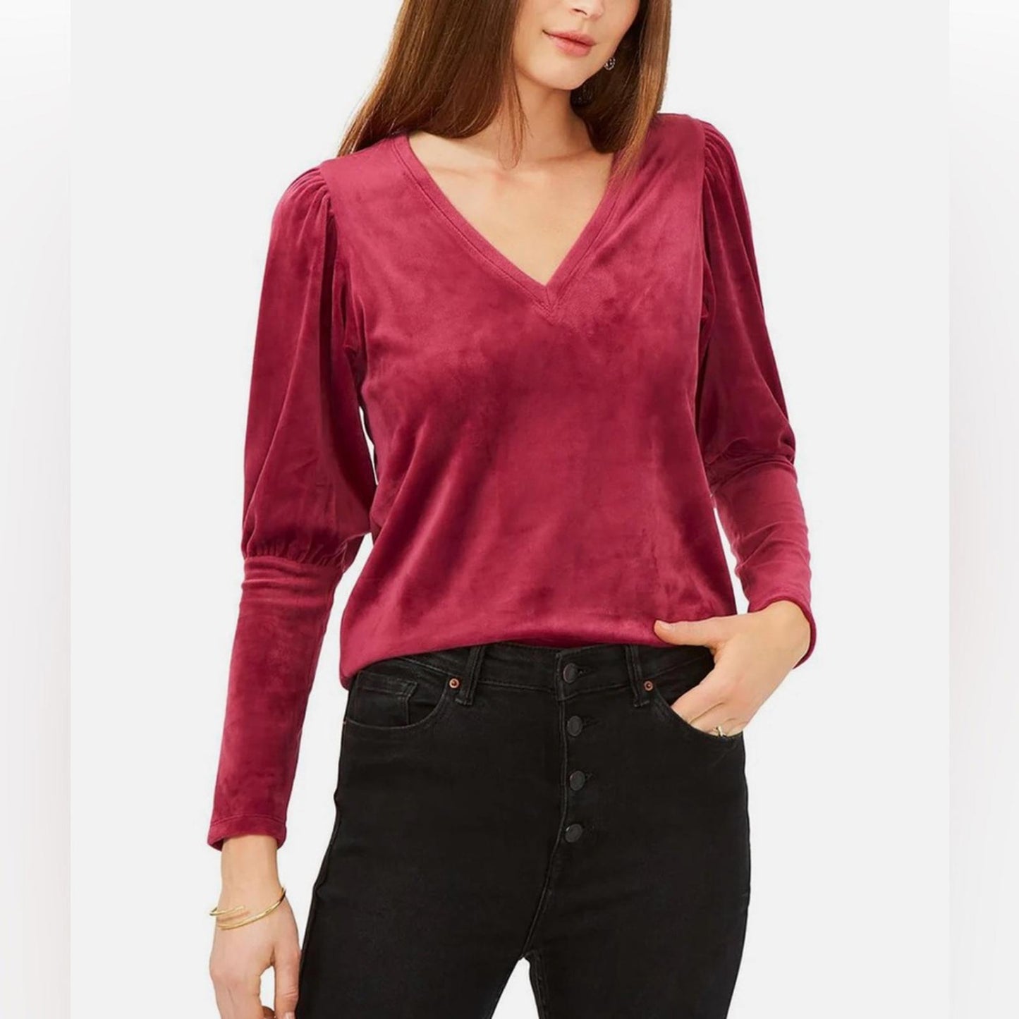 1.STATE Velvet V-Neck Blouse in Plum Fairy, Pullover, New, Size M