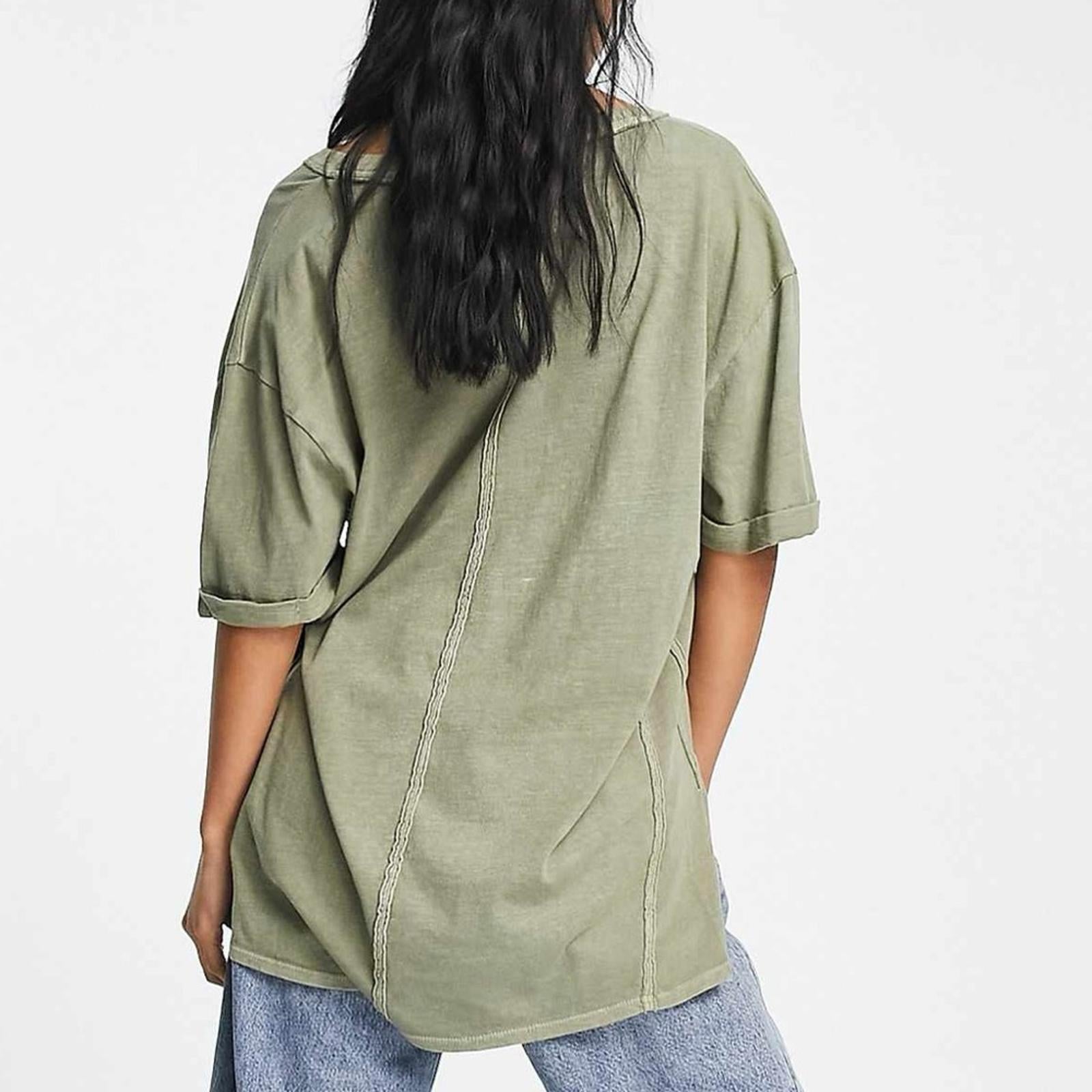 Free People Slouchy V-neck T-shirt in Khaki, Size M NEW w/Tag