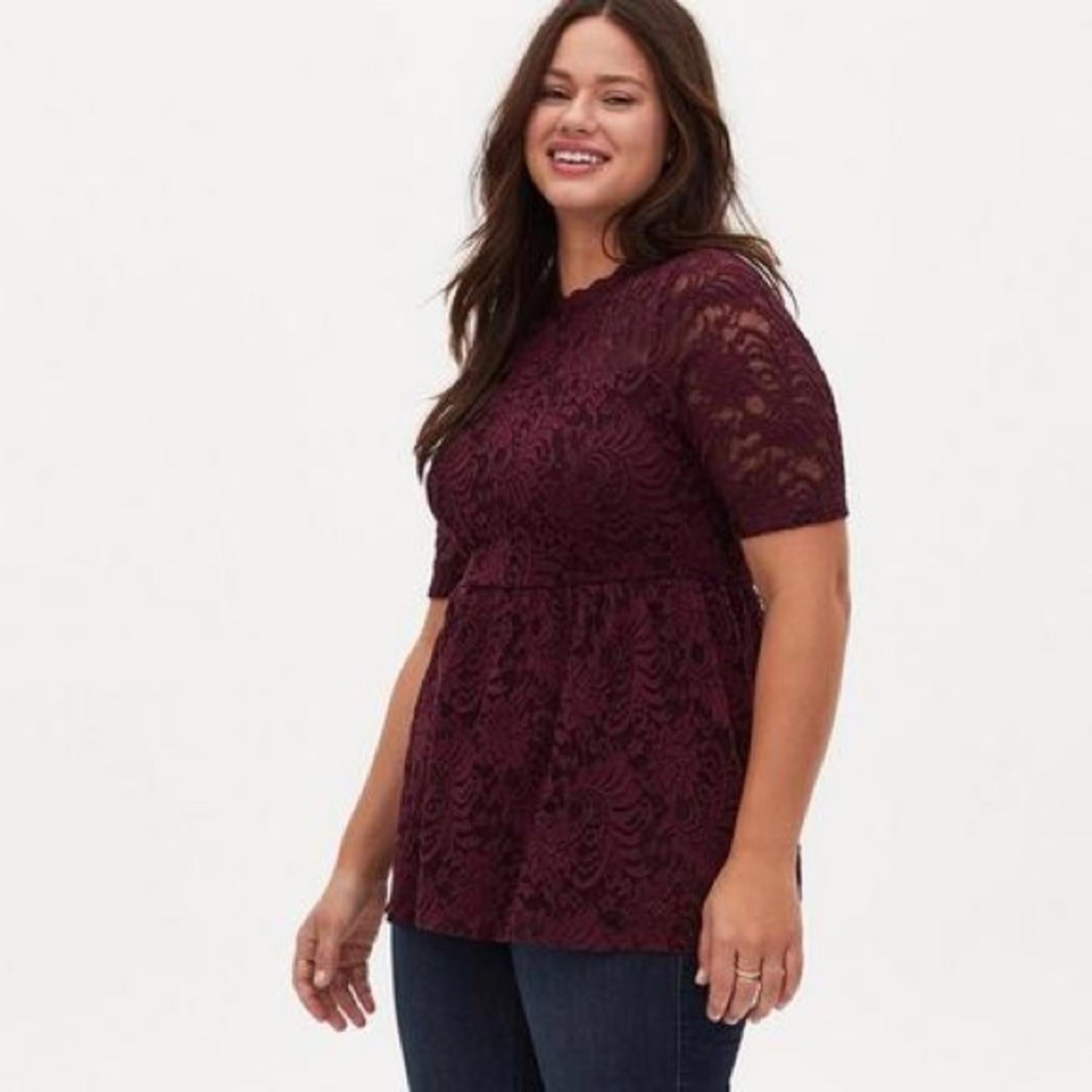 Torrid Babydoll Lace High Neck Short Sleeve Top in Wine Red, Size L New w/Tag
