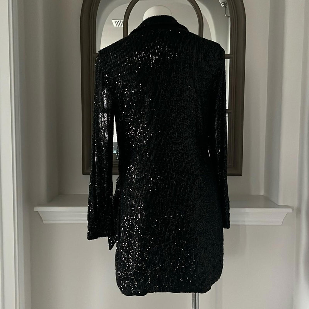 Parker Black Faux Wrap Button Front Mini Dress, Sequin Black Size S