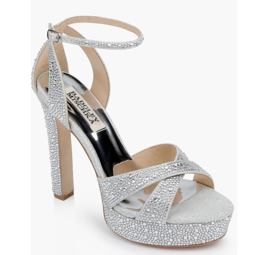 Badgley Mischka Fizzy Ankle Strap Platform High Heel Sandals Silver Size 9.5 NWT