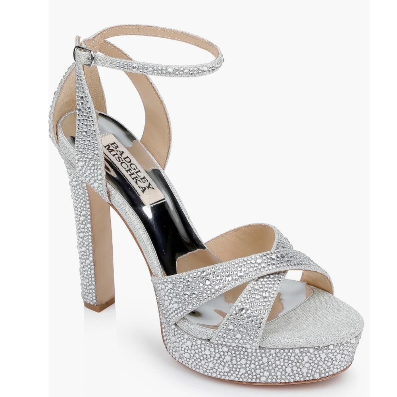 Badgley Mischka Fizzy Ankle Strap Platform High Heel Sandals Silver Size 9.5 NWT