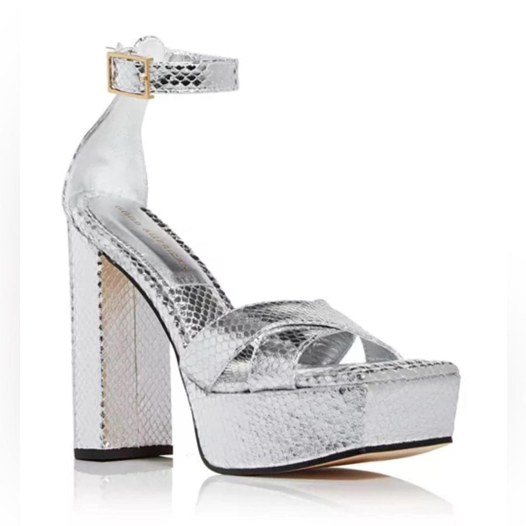 Good American Snake Embossed Platform High Heel Sandals in Silver, 6.5 NWT $185