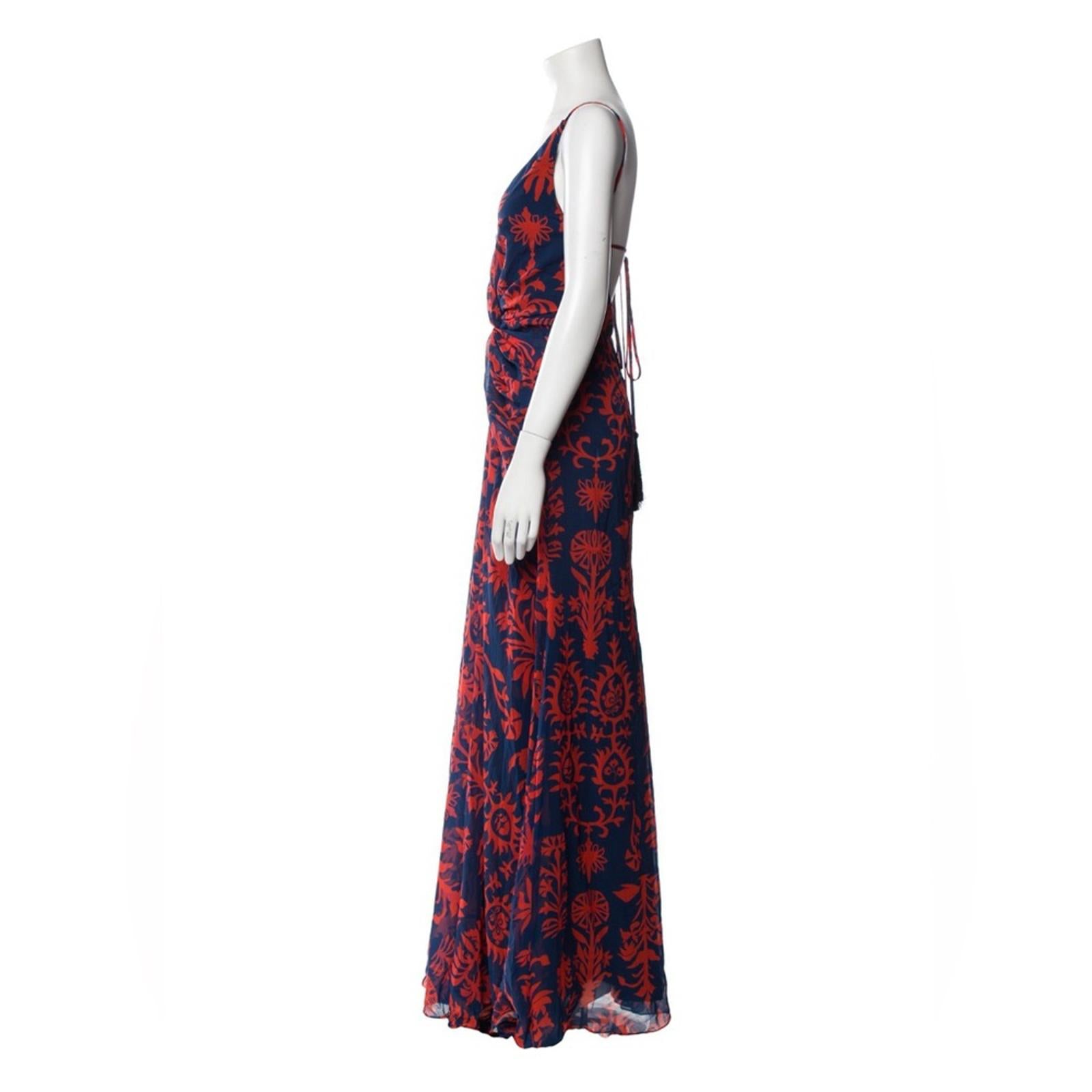 Andres Otalora Printed Chiffon Tie Back Gown in Blue & Red, NWT, Size 0