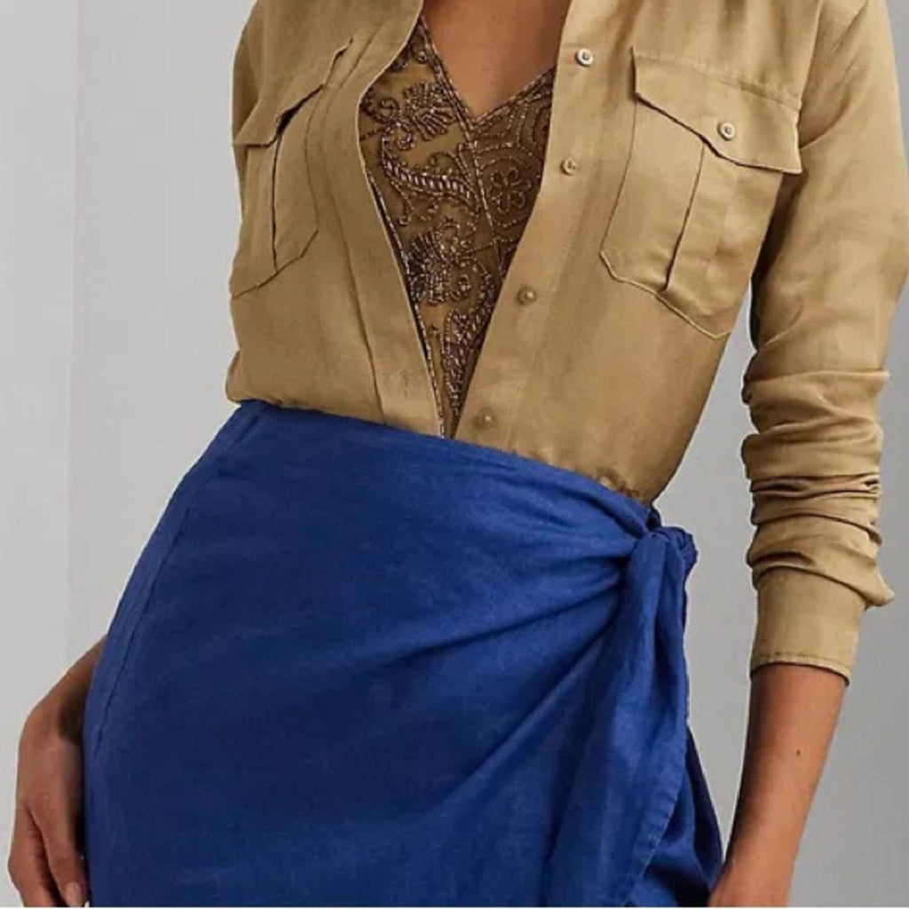 Lauren Ralph Lauren Linen Wrap Midi Skirt in Indigo Sail, Size 4 New w/Tag