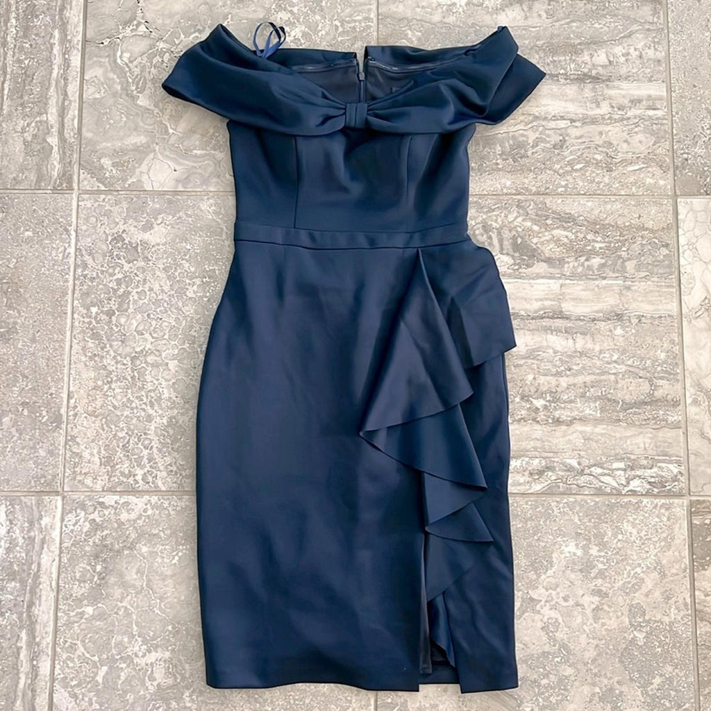 New XSCAPE Bow Off-the-Shoulder Scuba Knit Cocktail Dress, Navy Size 10 w/o Tag