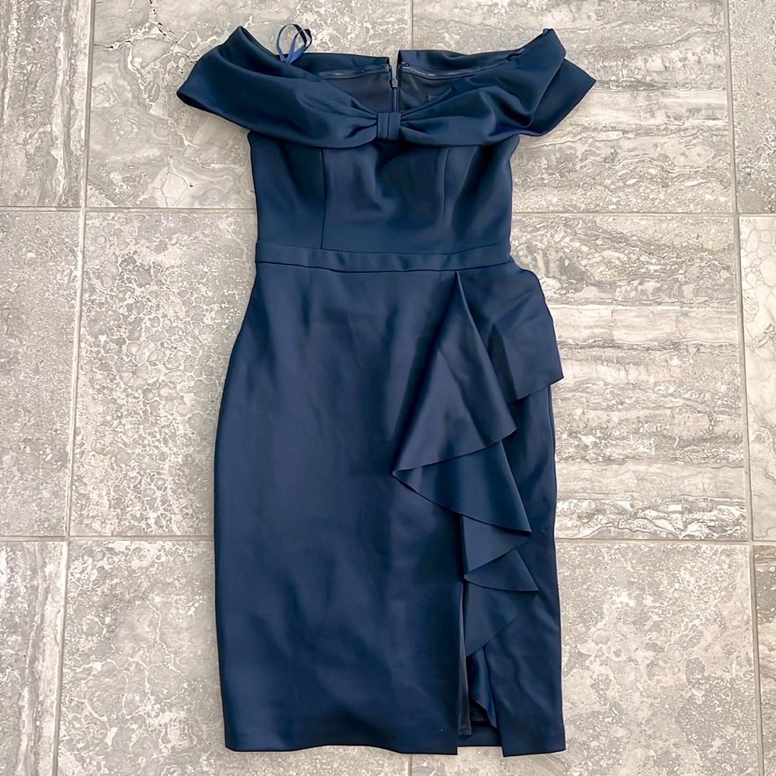 New XSCAPE Bow Off-the-Shoulder Scuba Knit Cocktail Dress, Navy Size 10 w/o Tag