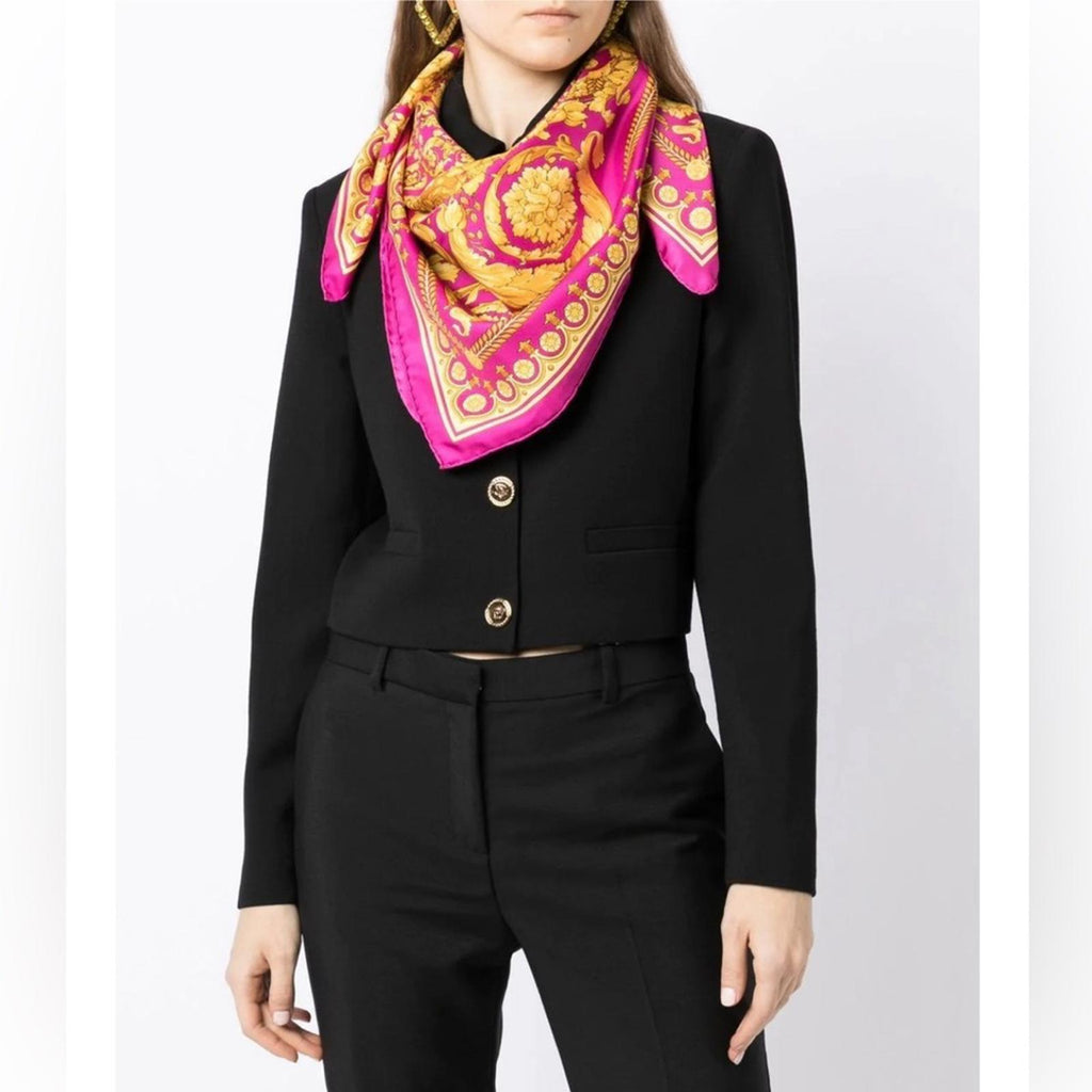 NEW Versace Barocco Print Silk Scarf Foulard, Pink/Gold  Size 36”x35” New $575