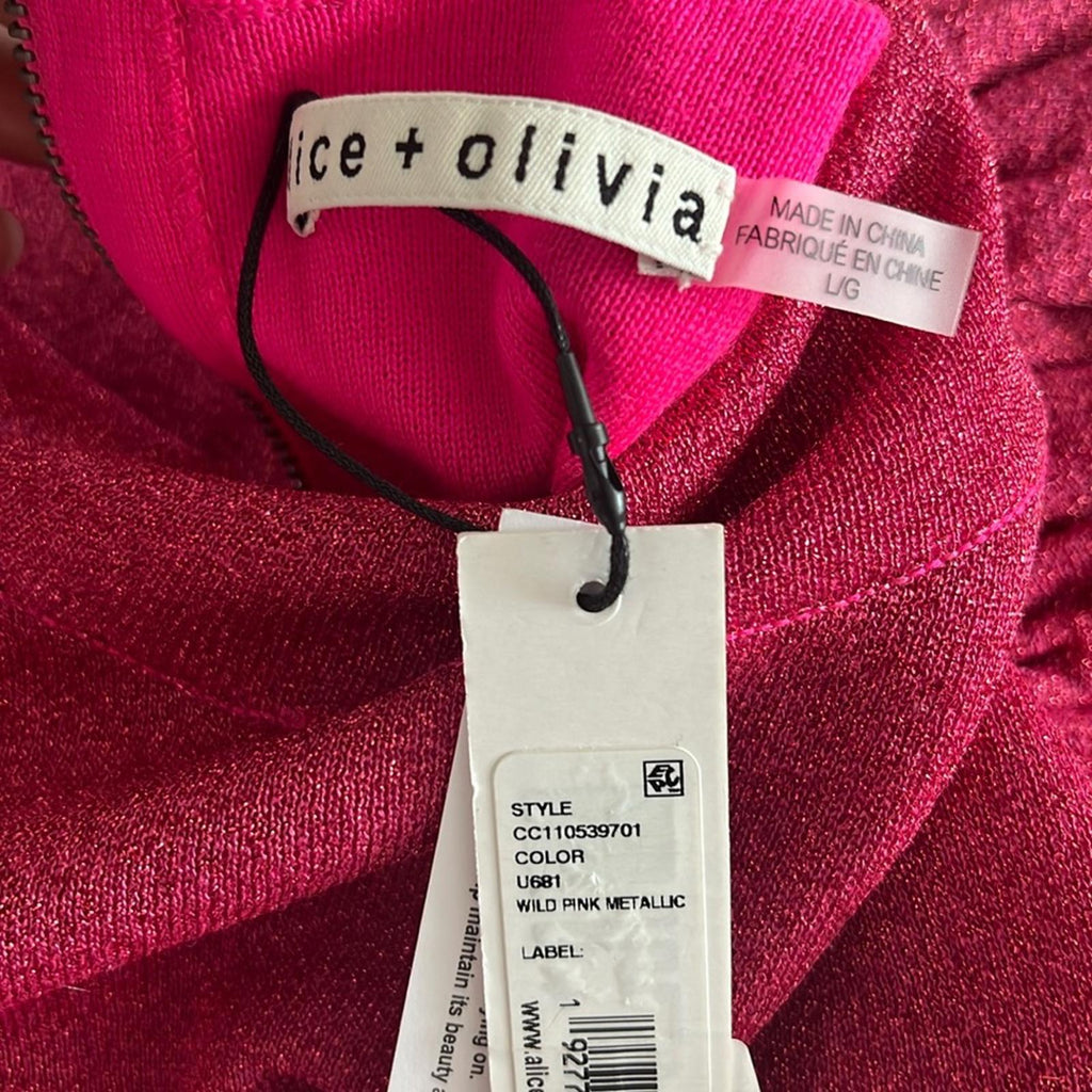 Alice+Olivia Issa Turtleneck Puff Sleeve Dress, Pink Metallic Size L NWT $395