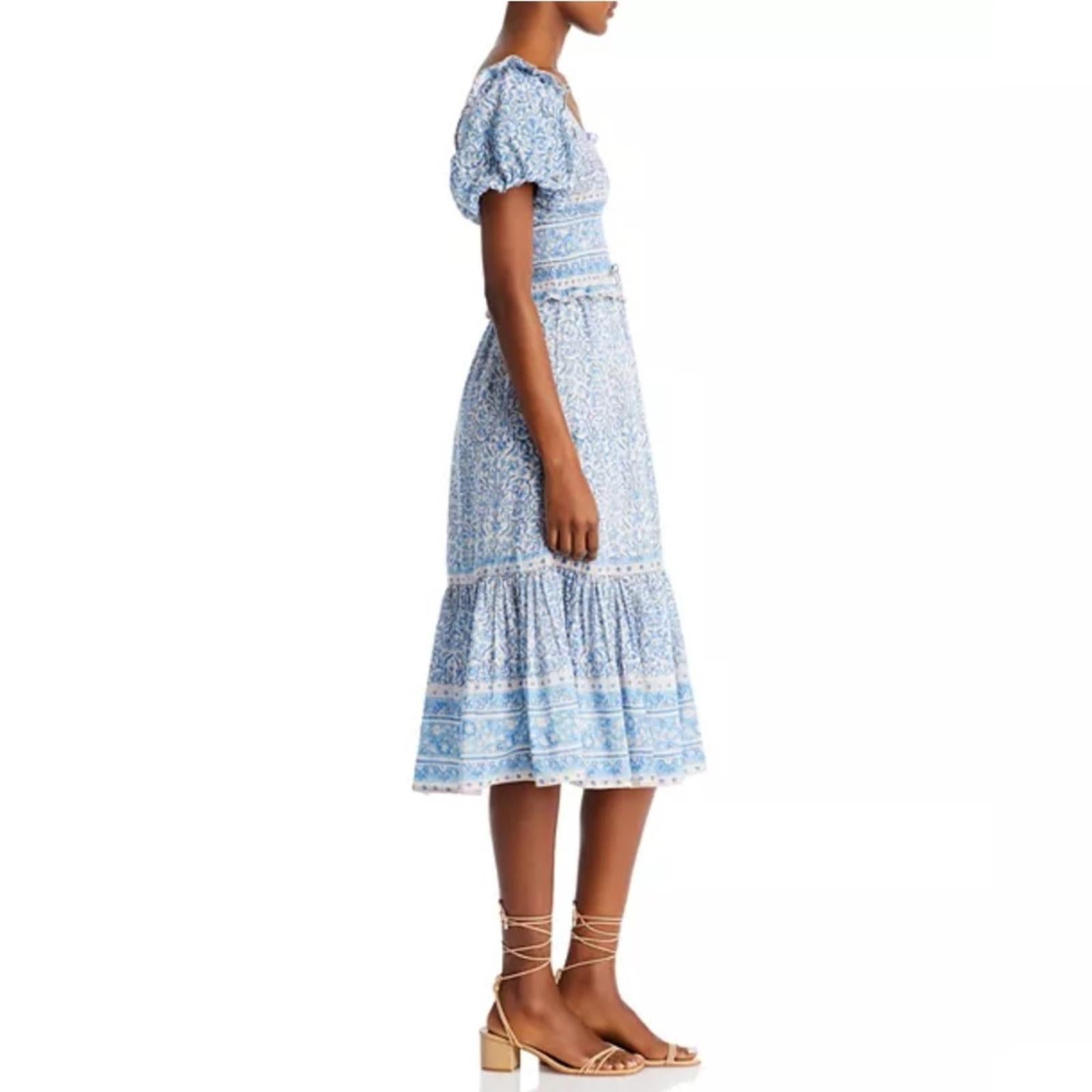 Bell Ashley Ruffled Puff Sleeve Midi Dress in Blue White, Size XL New w/Tag $408