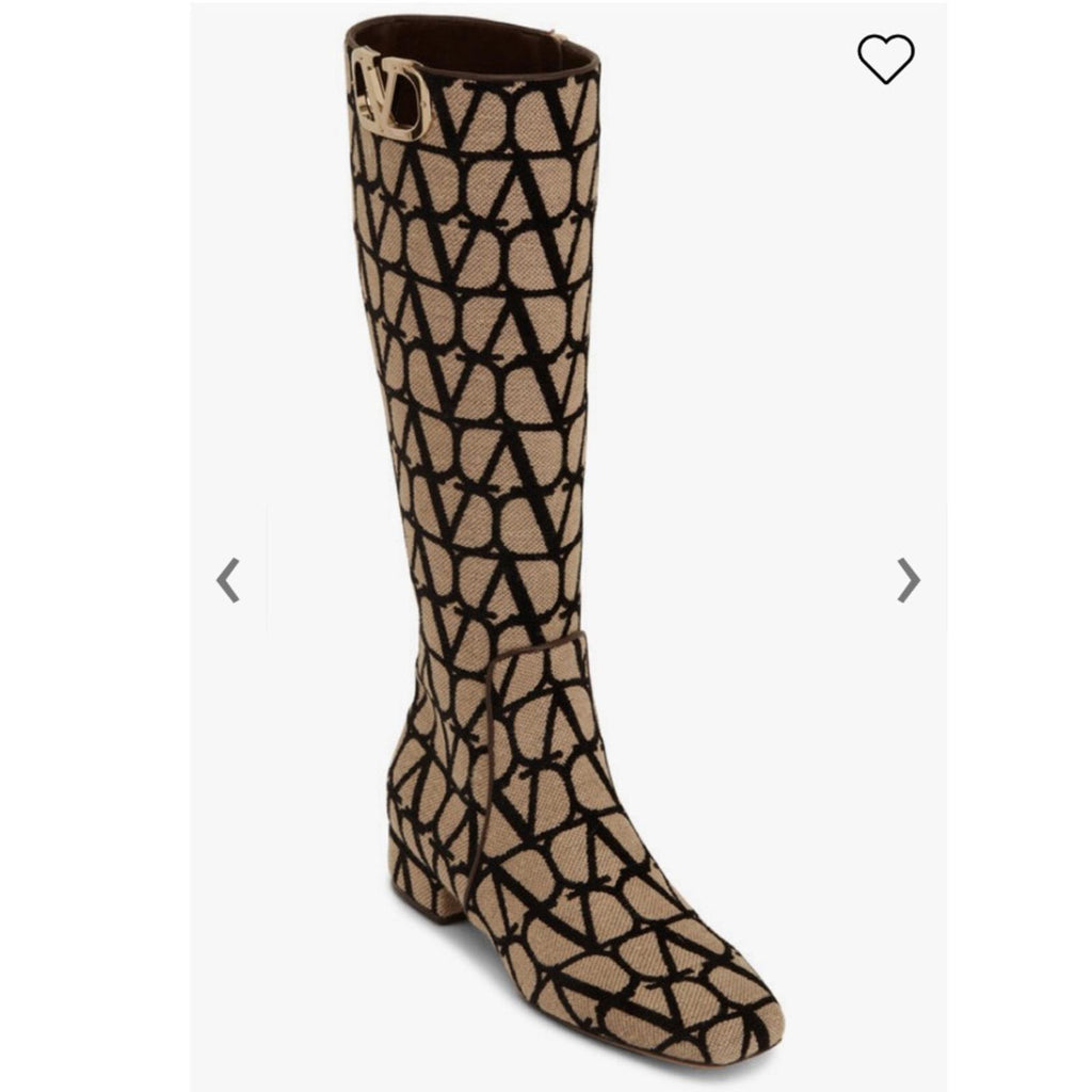Valentino Garavani Toile Iconographe V-Logo Knee-High Boots, Size 37 +Box NEW