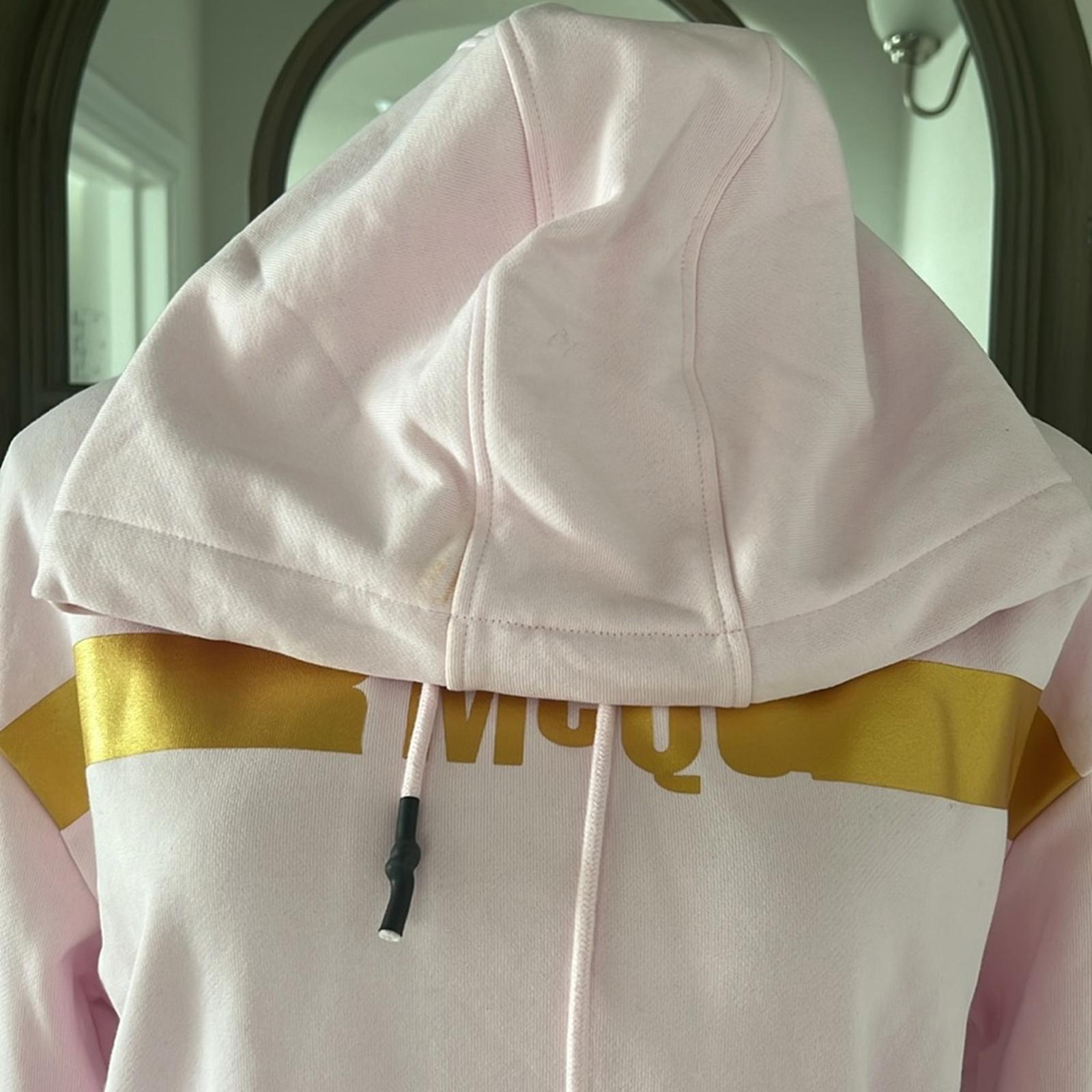 MCQ Alexander McQueen Logo Hologram Hoodie in Pink/Gold, Size S, New with Tag