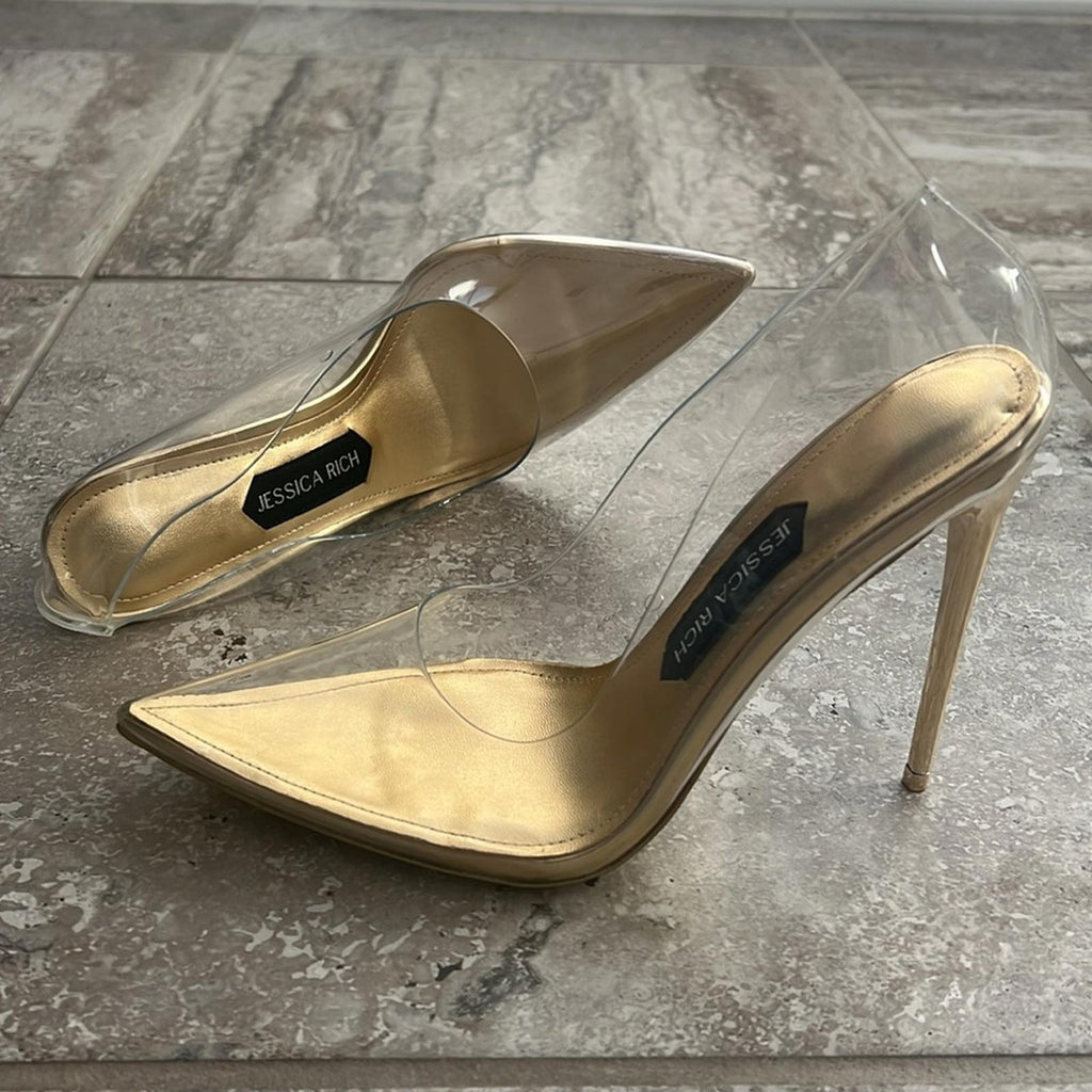 Jessica Rich Fancy Stiletto Clear Vinyl Pumps, Gold Size 39 New in Box + DustBag