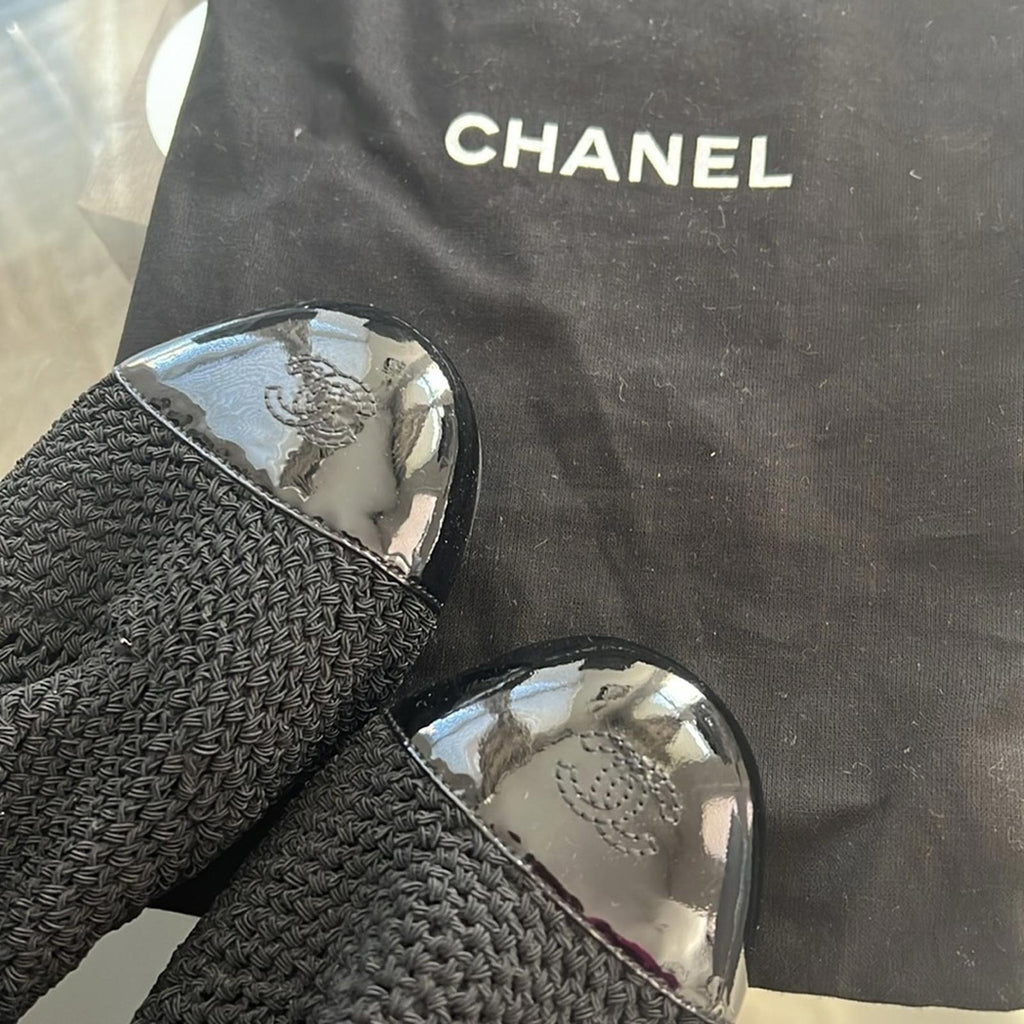 Rare CHANEL Crochet Patent Leather Cap Toe Sock Booties in Black, Size 35