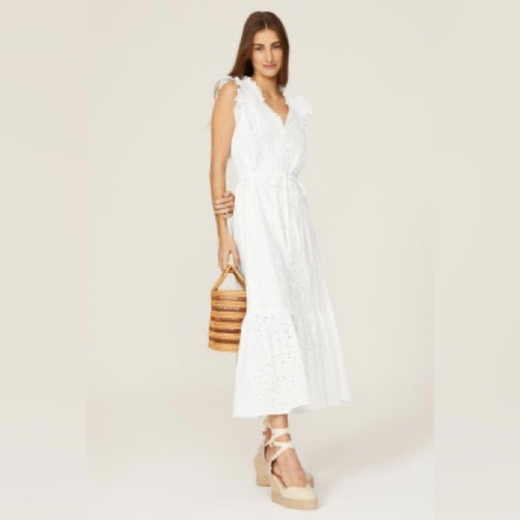 Polo Ralph Lauren Linen Ruffled Eyelet Midi Dress, White Size 4 New w/Tag $398