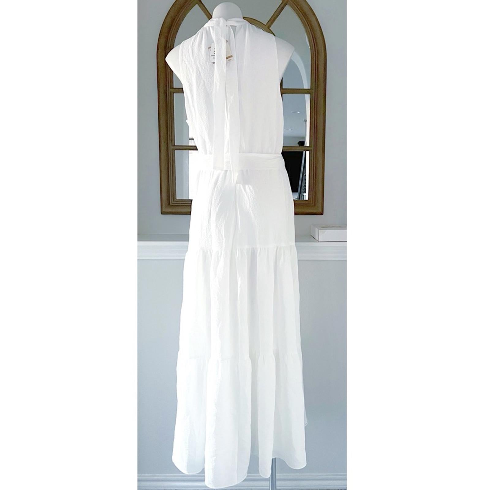Anne Klein Tie-Neck Tiered Sleeveless Maxi Dress, Size 12 Bright White New w/Tag