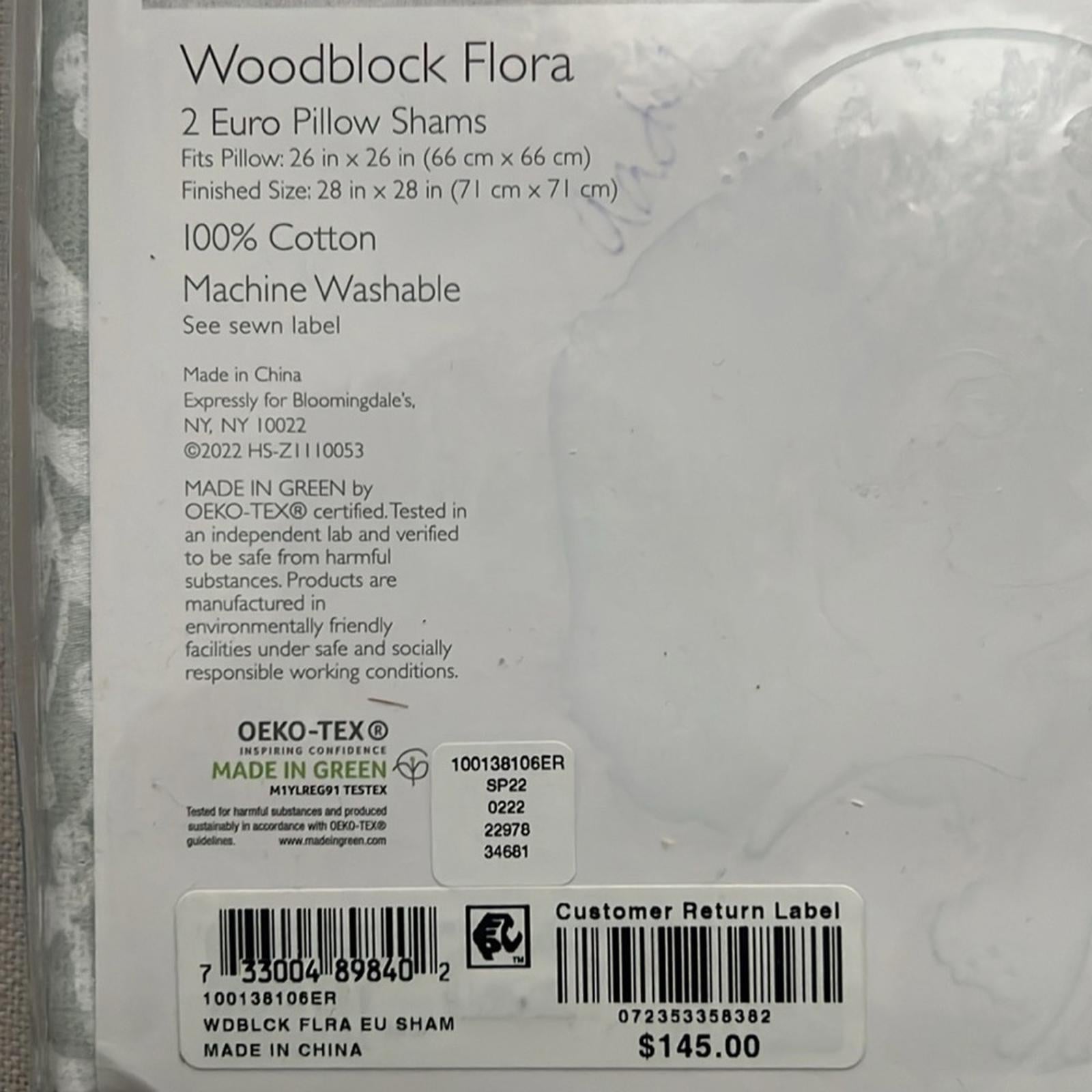 2 Sky Woodblock Flora Euro Shams in Grey/White, New w/Tag $145
