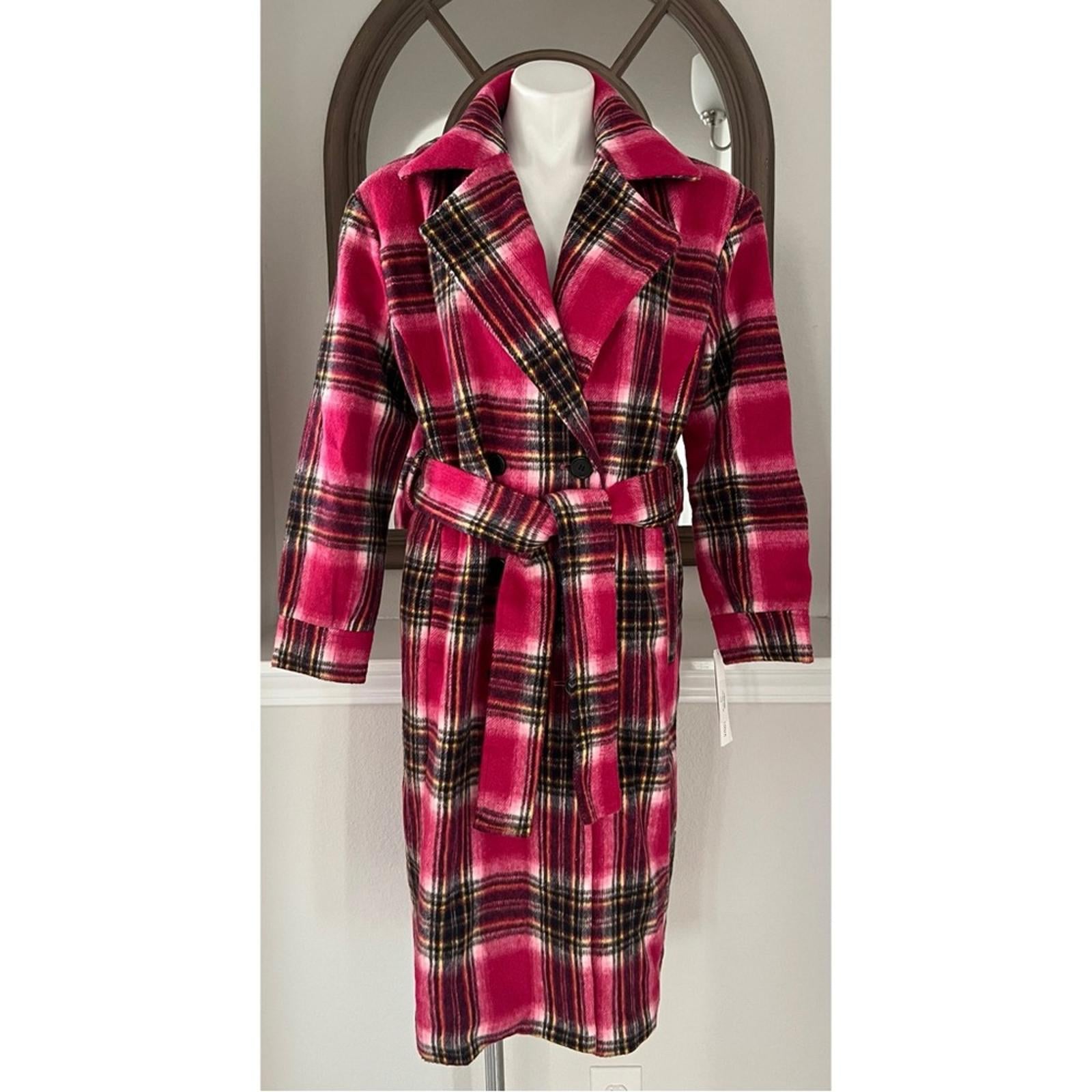 Bloomingdale’s Aqua Plaid Duster Trench Coat in Pink, Size M New w/Tag $178