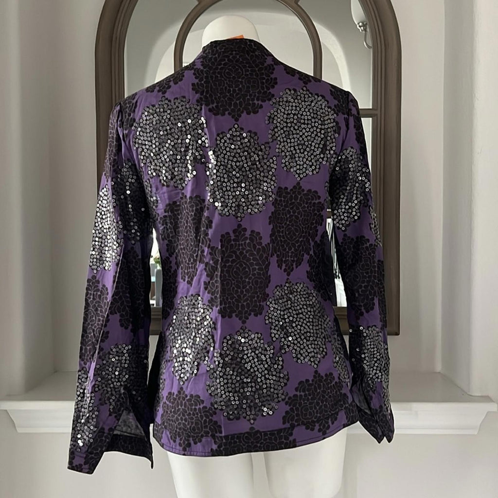 Tory Burch Black Flowers Blouse, Tunic in Purple Grey Size 8