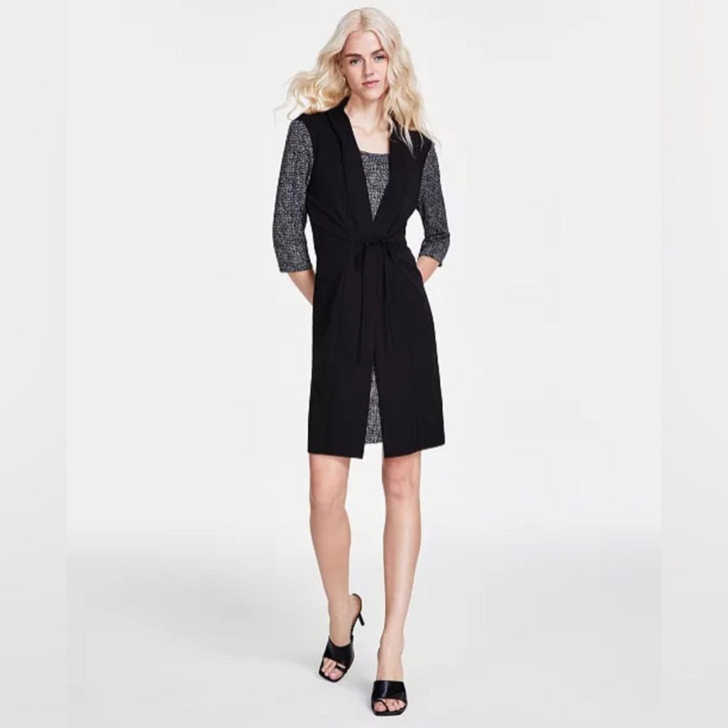 Connected Apparel Tie-Waist Mini Sheath Dress in Black, Petite Size 6 New w/Tag