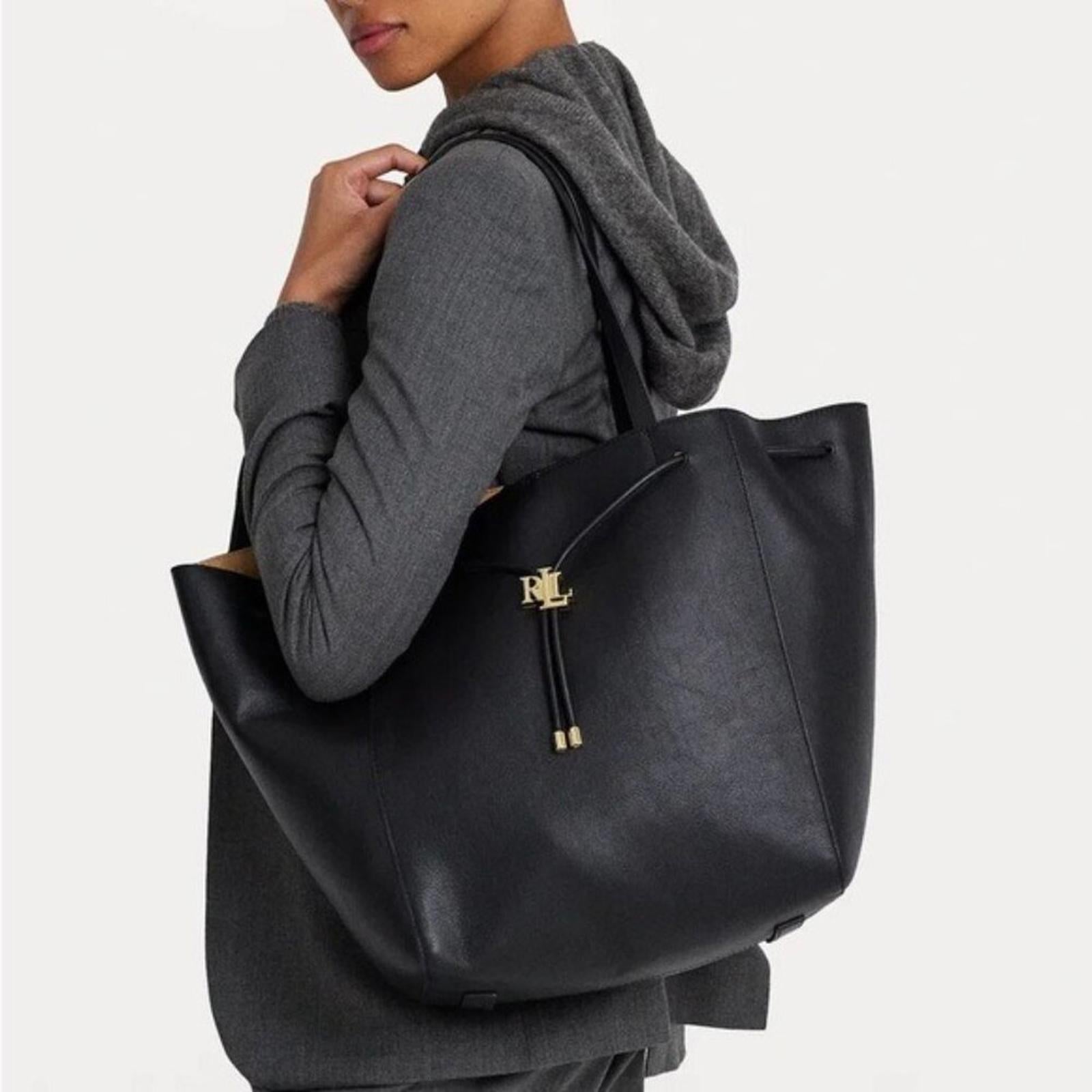 NEW Lauren Ralph Lauren Andie Large Leather Drawstring Tote in Black New w/o Tag