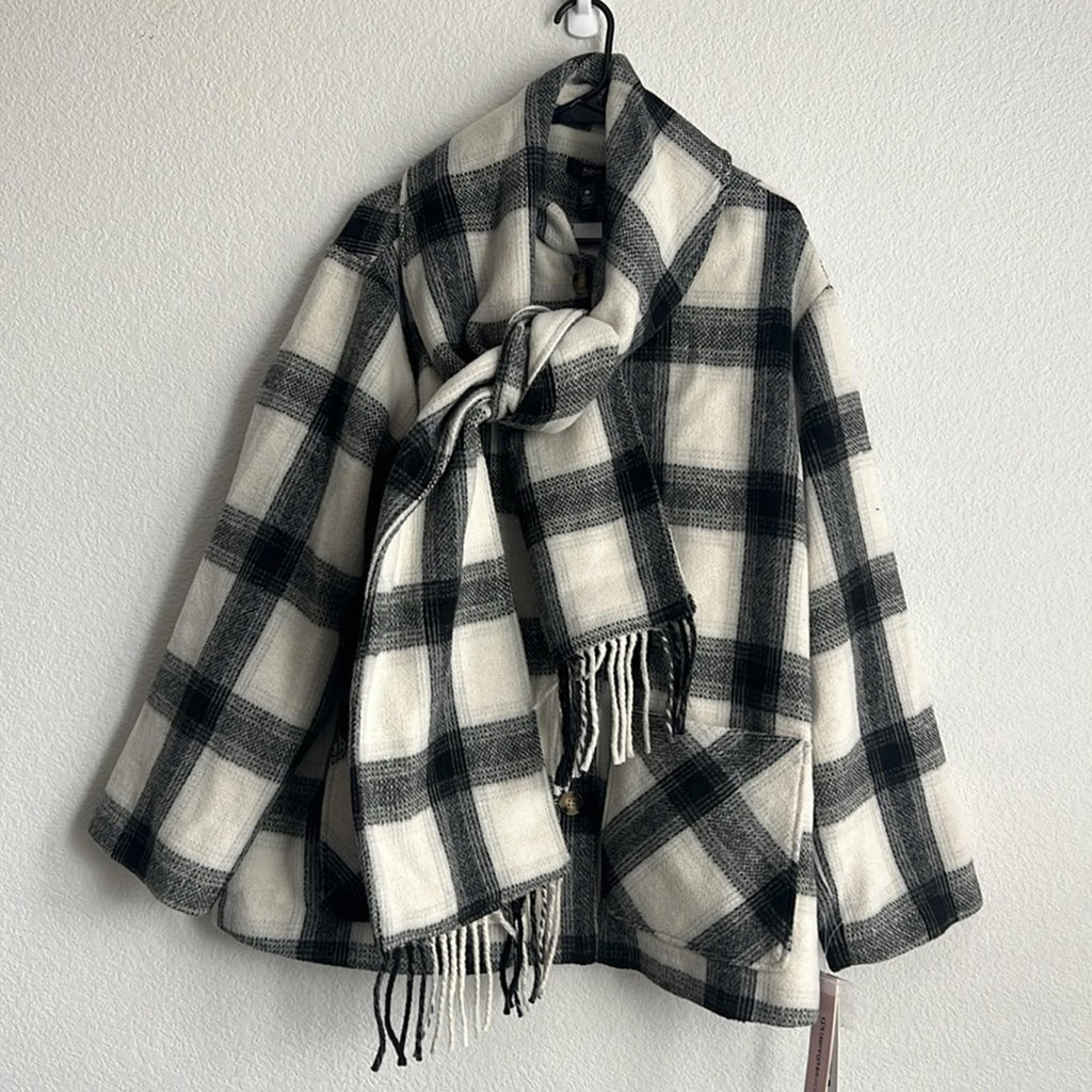 AQUA Scarf Collar Coat in Black/White, Size XL NEW w/Tag Retail $178