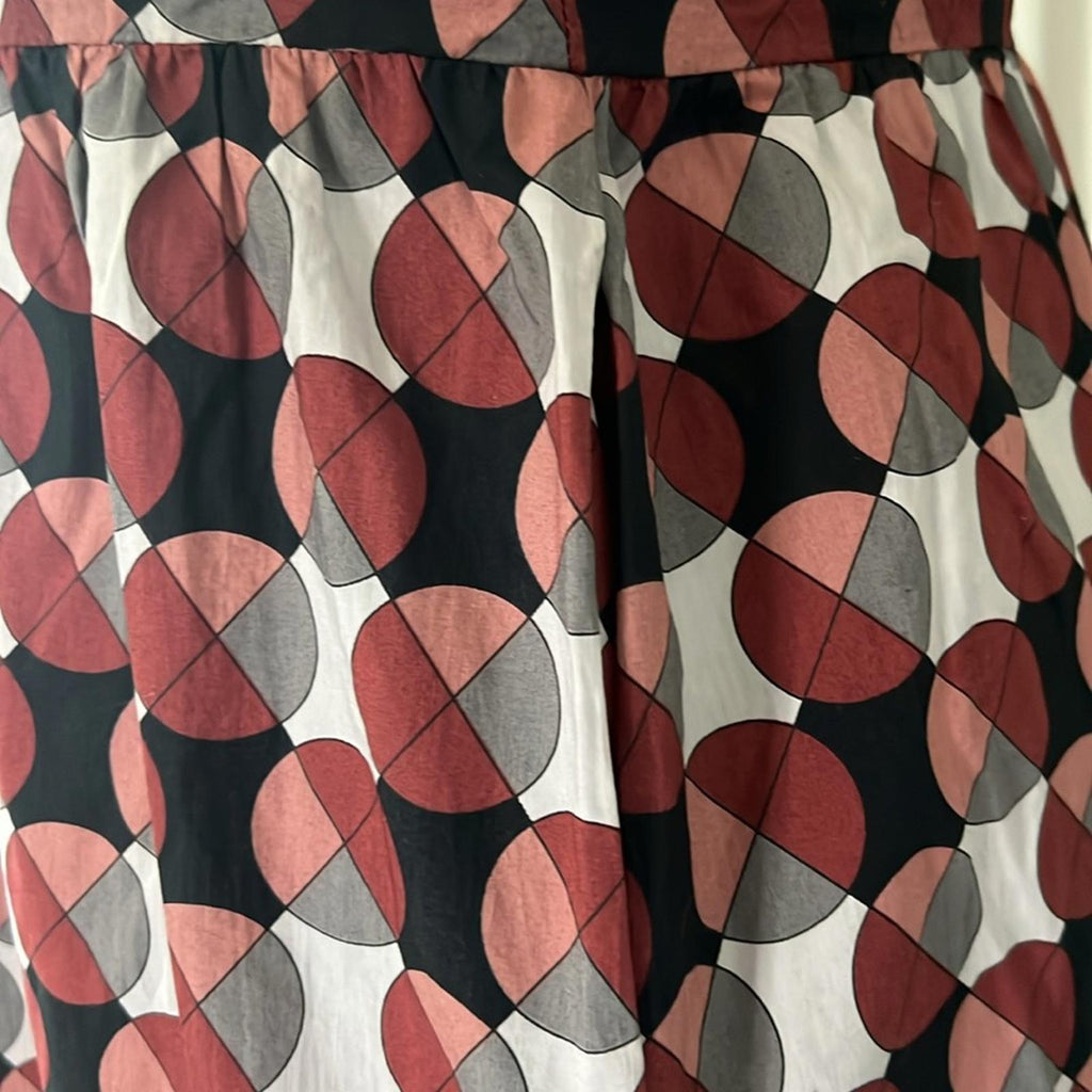 MARNI Geometric Print Tiered Dress w/Pockets & Leather Trim, Size 40 EXCELLENT!