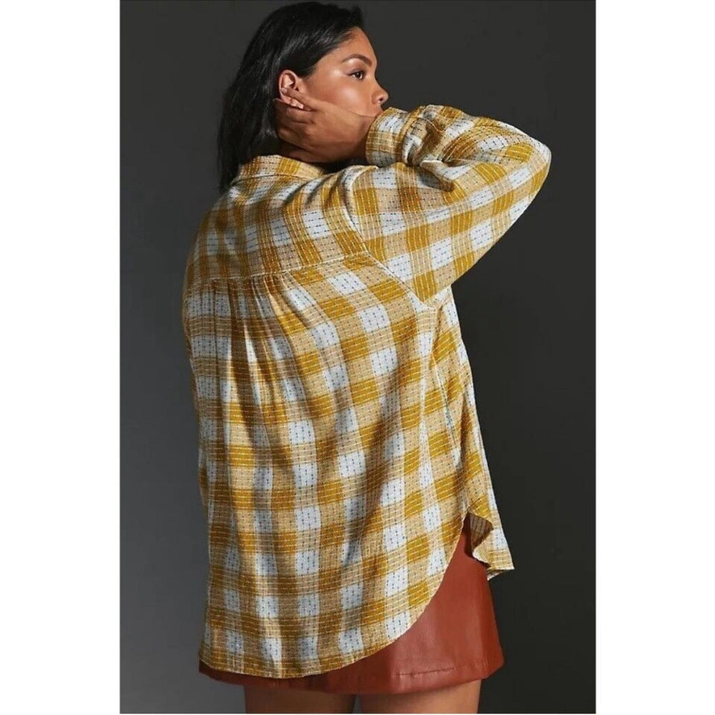 NEW Anthropologie’s Pilcro Yellow Motif Mustard Plaid Stitched Shirt Size XXS