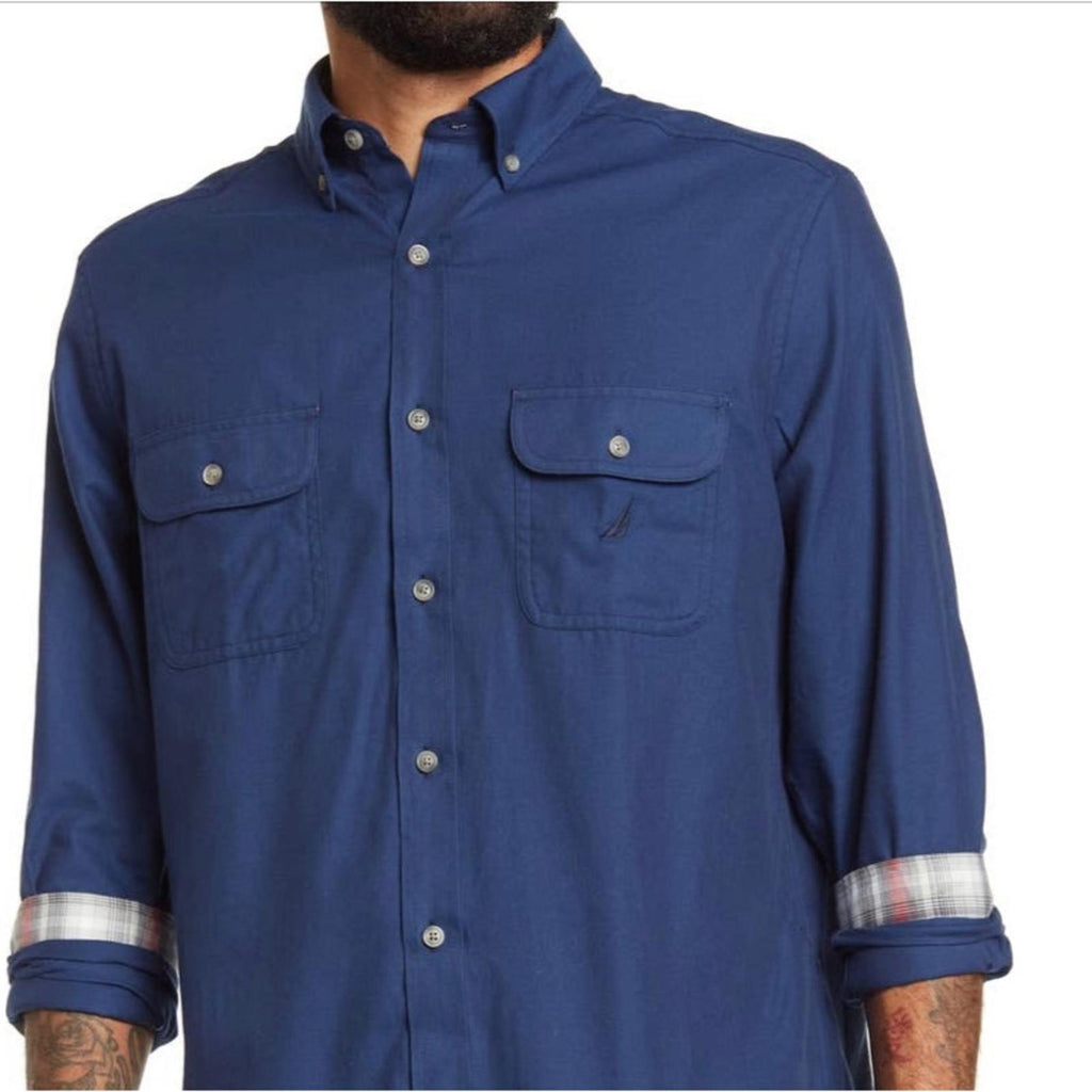 Nautica Twill Dress Shirt Navy Blue Plaid Detailed Rollable Sleeves, Size XL NWT