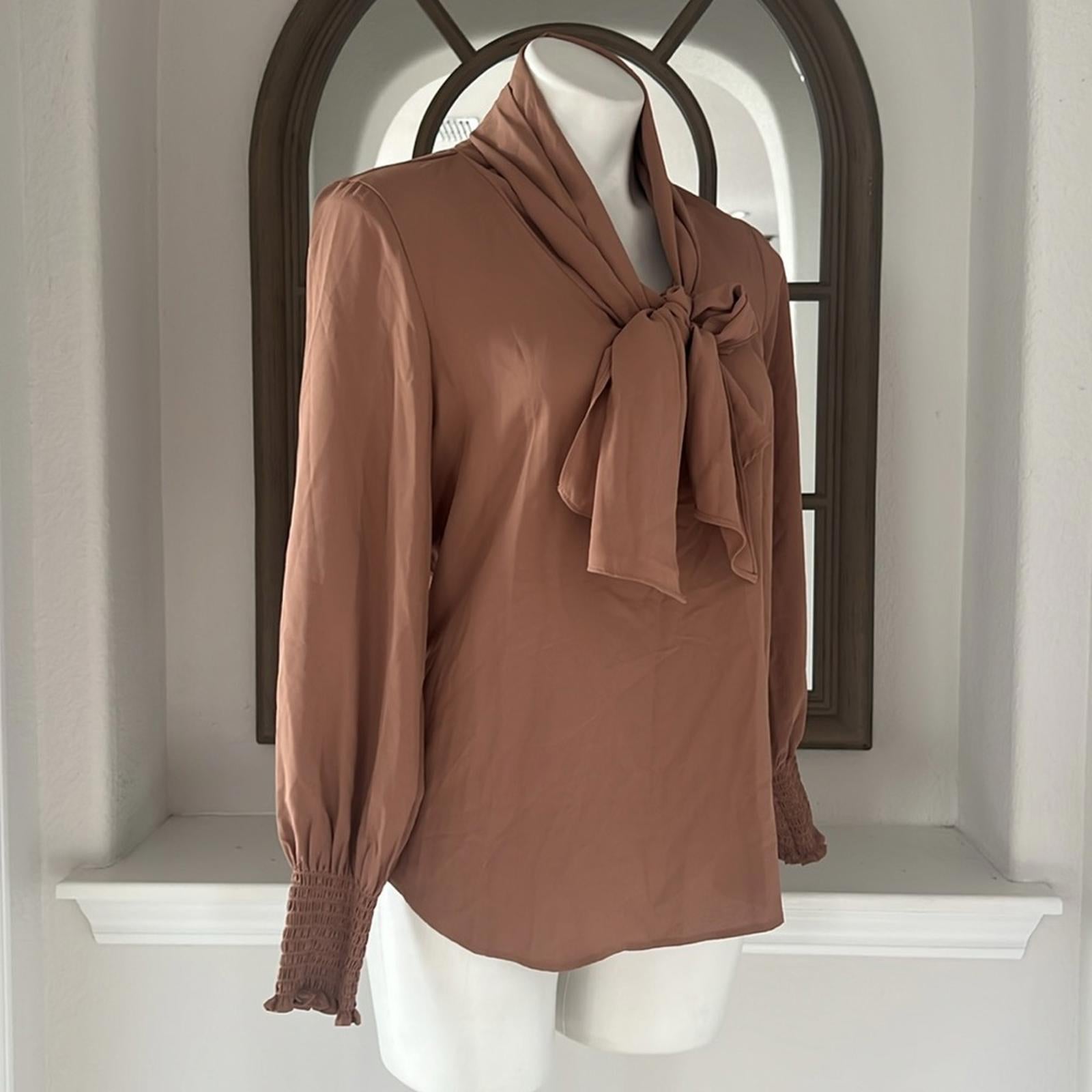 Anne Klein Blouson-Sleeve Tie-Neck Top in Brown, Size S New w/Tag, Retail $99