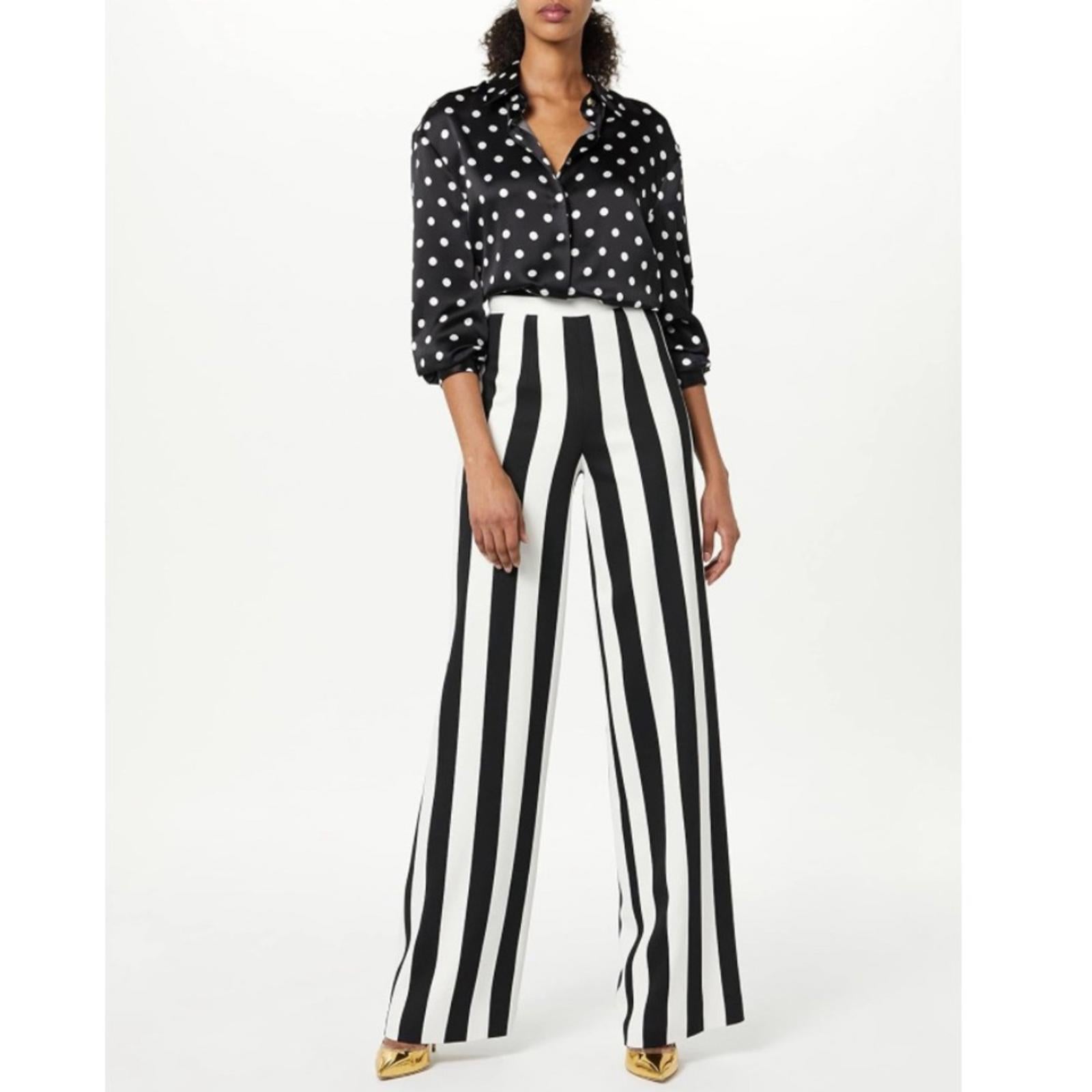Sergio Hudson Polka Dot Silk Charmeuse Button-Up Blouse, Black/White XL NWT $795