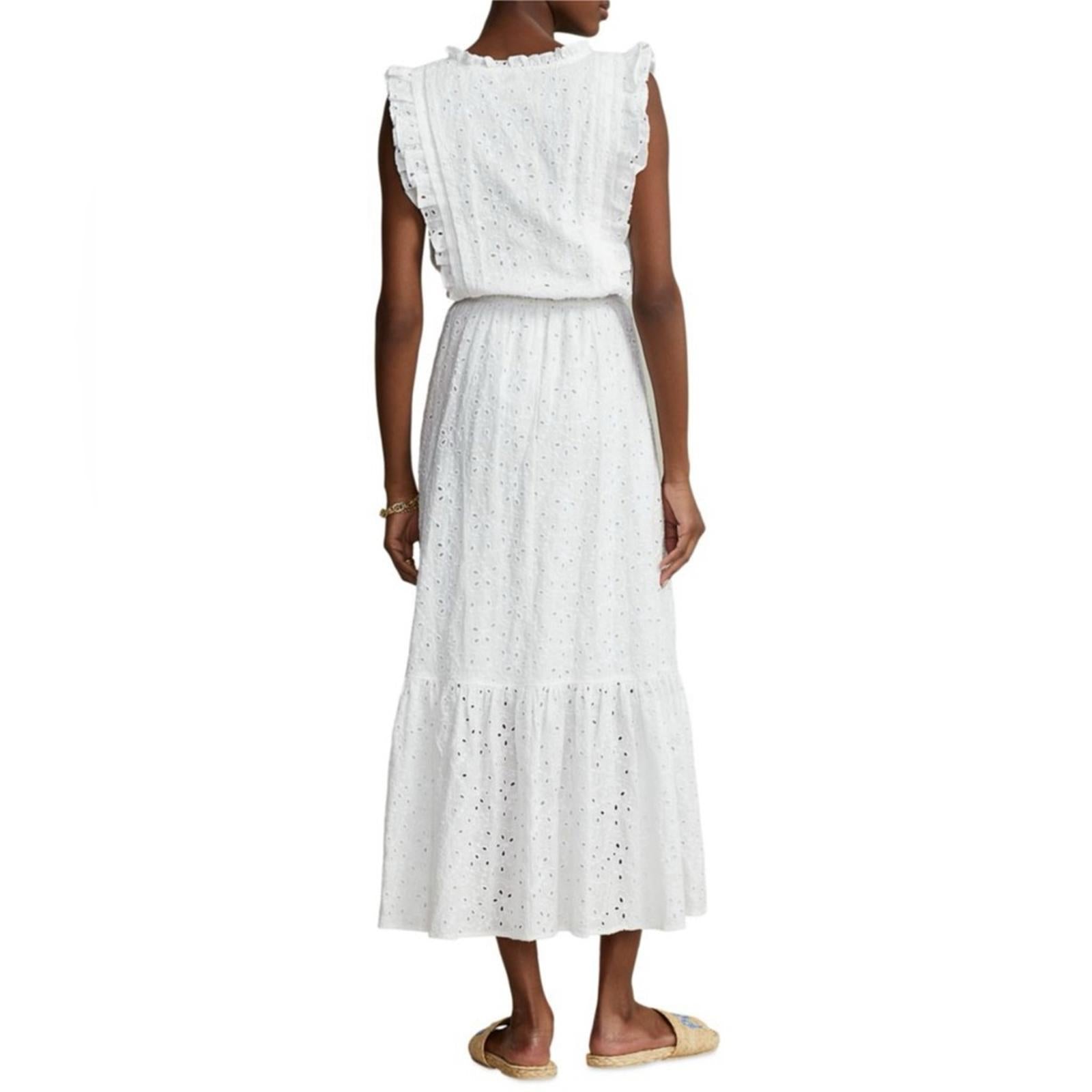 Polo Ralph Lauren Linen Ruffled Eyelet Midi Dress, White Size 4 New w/Tag $398